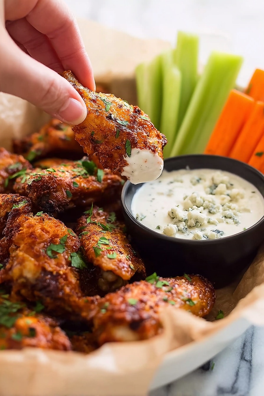 Dry Rubbed Baked Chicken Wings with Gorgonzola Sauce Recipe 6 The image shows a white basket filled with multiple crispy, golden-brown chicken wings sprinkled with green herbs. On one side of the basket, there is a small black bowl full of creamy white dipping sauce topped with some crumbled blue cheese. Behind the wings and sauce, there are colorful vegetable sticks including orange carrots and green celery, all placed against a white marbled surface. A woman's hand is dipping one of the chicken wings into the sauce, adding action to the scene. photo taken with an iphone --ar 2:3 --v 7 - Dry Rubbed Baked Chicken Wings with Gorgonzola Sauce, chicken wing recipes, baked chicken wings, spicy chicken wings, gorgonzola sauce recipes