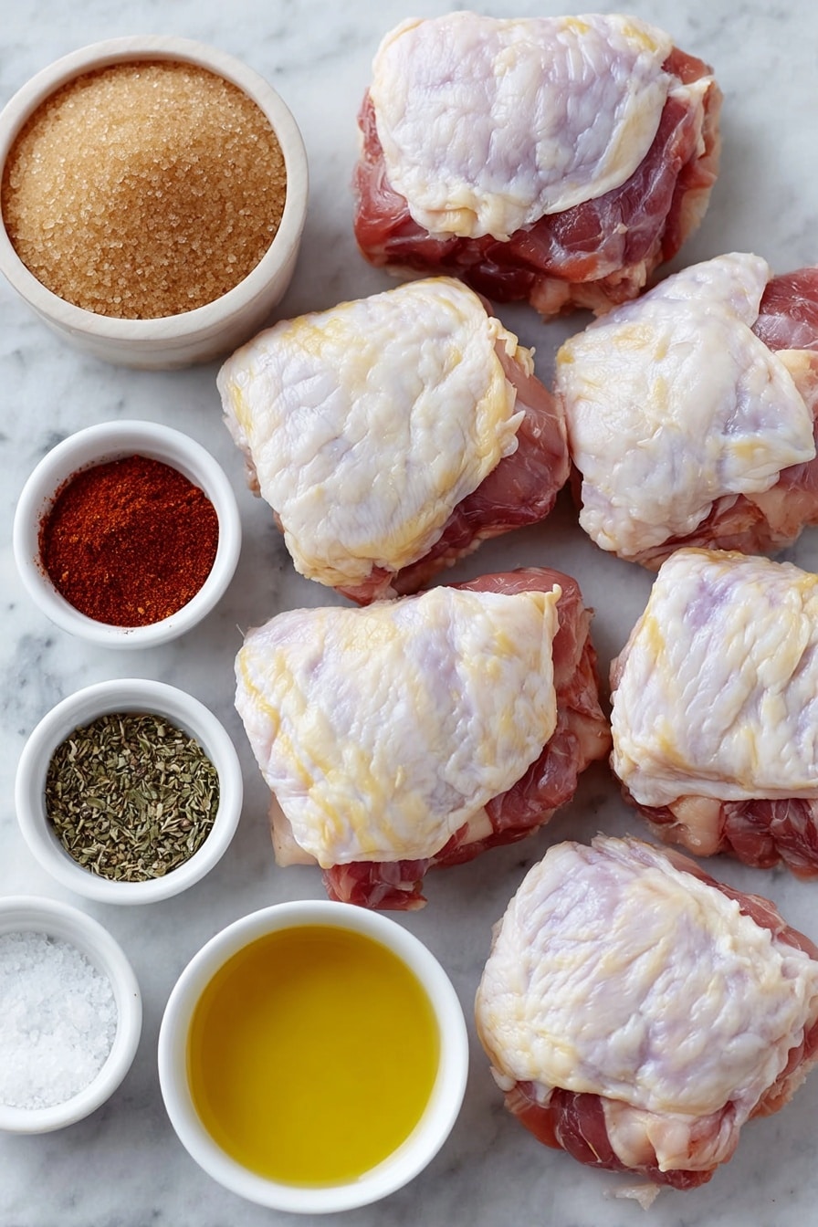 Oven Baked Chicken Thighs with Spices Recipe 7 Flat lay of six boneless skinless chicken thighs, a small white bowl of brown sugar, a small white bowl of smoked paprika powder, a small white bowl of chili powder, a small white bowl of garlic powder, a small white bowl of onion powder, a small white bowl of dried thyme, a small white bowl of kosher salt, a small white bowl of ground black pepper, a small white bowl filled with golden avocado oil, placed on a clean white marble surface, soft natural light, photo taken with an iPhone, professional food photography style, fresh ingredients, white ceramic bowls, no bottles, no duplicates, no utensils, no packaging --ar 2:3 --v 7 --p m7354615311229779997 - Oven Baked Chicken Thighs with Spices, flavorful chicken thighs, easy chicken thigh recipe, crispy baked chicken, spice-rubbed chicken thighs
