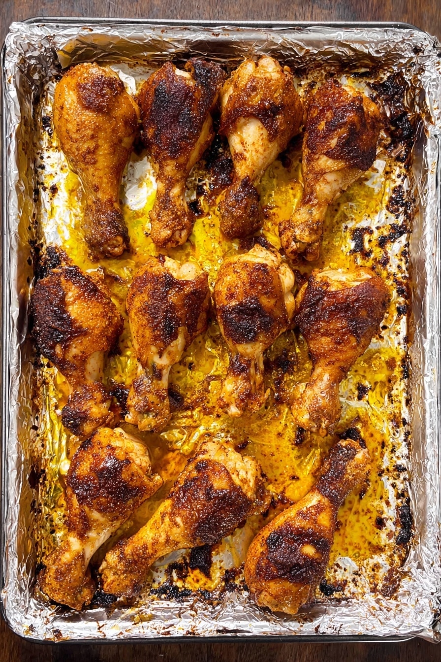 A metal oven tray lined with crinkled silver foil holds fourteen baked chicken drumsticks. The drumsticks are arranged in rows with some space between them, showing golden-brown crispy skin with darker charred spots and a slightly rough texture. The tray surface has patches of yellowish-orange oil and browned burnt bits around the drumsticks. The outside edges of the tray have some greasy, dark browned spots. photo taken with an iphone --ar 2:3 --v 7 - Crispy Oven Baked Chicken Legs, oven baked chicken legs, crispy chicken legs recipe, easy baked chicken thighs, weeknight chicken dinner