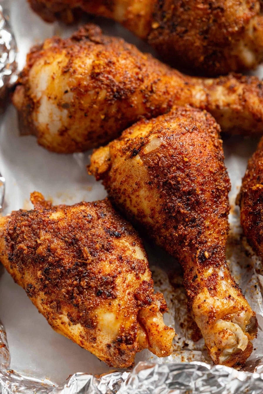 The image shows several pieces of cooked chicken drumsticks on a white marbled surface covered with crinkled foil. Each drumstick is coated with a dry, brown spice rub giving a textured appearance with dark reddish-brown and orange colors. The chicken skin looks crispy and slightly oily, with some lighter areas where the spice coating is thinner. The pieces are placed close to each other, filling most of the frame, and the foil beneath them has shiny folds and creases catching the light. Photo taken with an iphone --ar 2:3 --v 7 - Crispy Oven Baked Chicken Legs, oven baked chicken legs, crispy chicken legs recipe, easy baked chicken thighs, weeknight chicken dinner