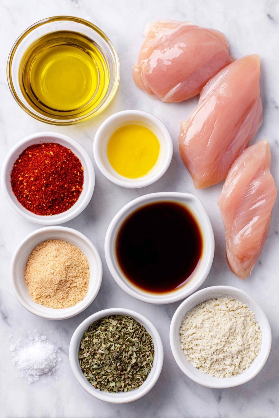 Juicy Grilled Chicken Marinade Recipe 7 Flat lay of boneless skinless chicken breasts, a small white ceramic bowl of golden olive oil, a small white ceramic bowl of bright yellow lemon juice, a small white ceramic bowl of dark brown soy sauce, a small white ceramic bowl of deep reddish-brown balsamic vinegar, a small white ceramic bowl of light brown granulated brown sugar, a small white ceramic bowl of smooth pale yellow Dijon mustard, small piles of light beige onion powder and garlic powder, small piles of white salt, dried green basil, dried green oregano, dried green thyme, bright red paprika, coarse black pepper, and vibrant red pepper flakes, all arranged symmetrically on a clean white marble surface, soft natural light, photo taken with an iPhone, professional food photography style, fresh ingredients, white ceramic bowls, no bottles, no duplicates, no utensils, no packaging --ar 2:3 --v 7 --p m7354615311229779997 - Juicy Grilled Chicken Marinade, grilled chicken marinade, easy chicken marinade, flavorful chicken marinade, healthy grilled chicken