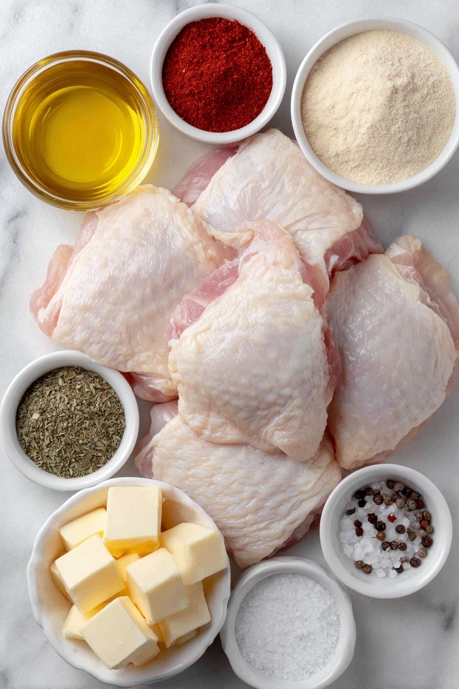 Flat lay of fresh raw chicken thighs with smooth skin arranged neatly, a small white bowl of golden olive oil, a small white bowl filled with bright red ground paprika, a small white bowl of finely ground garlic powder, a small white bowl of pale beige onion powder, a small white bowl holding mixed Italian seasoning herbs in green and brown tones, a small white bowl of dried parsley flakes, a small white bowl of coarse white salt crystals, a small white bowl of cracked black peppercorns, and small cubes of pale yellow butter pieces, all placed symmetrically on a clean white marble surface, soft natural light, photo taken with an iPhone, professional food photography style, fresh ingredients, white ceramic bowls, no bottles, no duplicates, no utensils, no packaging --ar 2:3 --v 7 --p m7354615311229779997 - Oven Baked Chicken Thighs, crispy skin chicken, baked chicken thighs recipe, flavorful chicken thighs, easy oven baked chicken