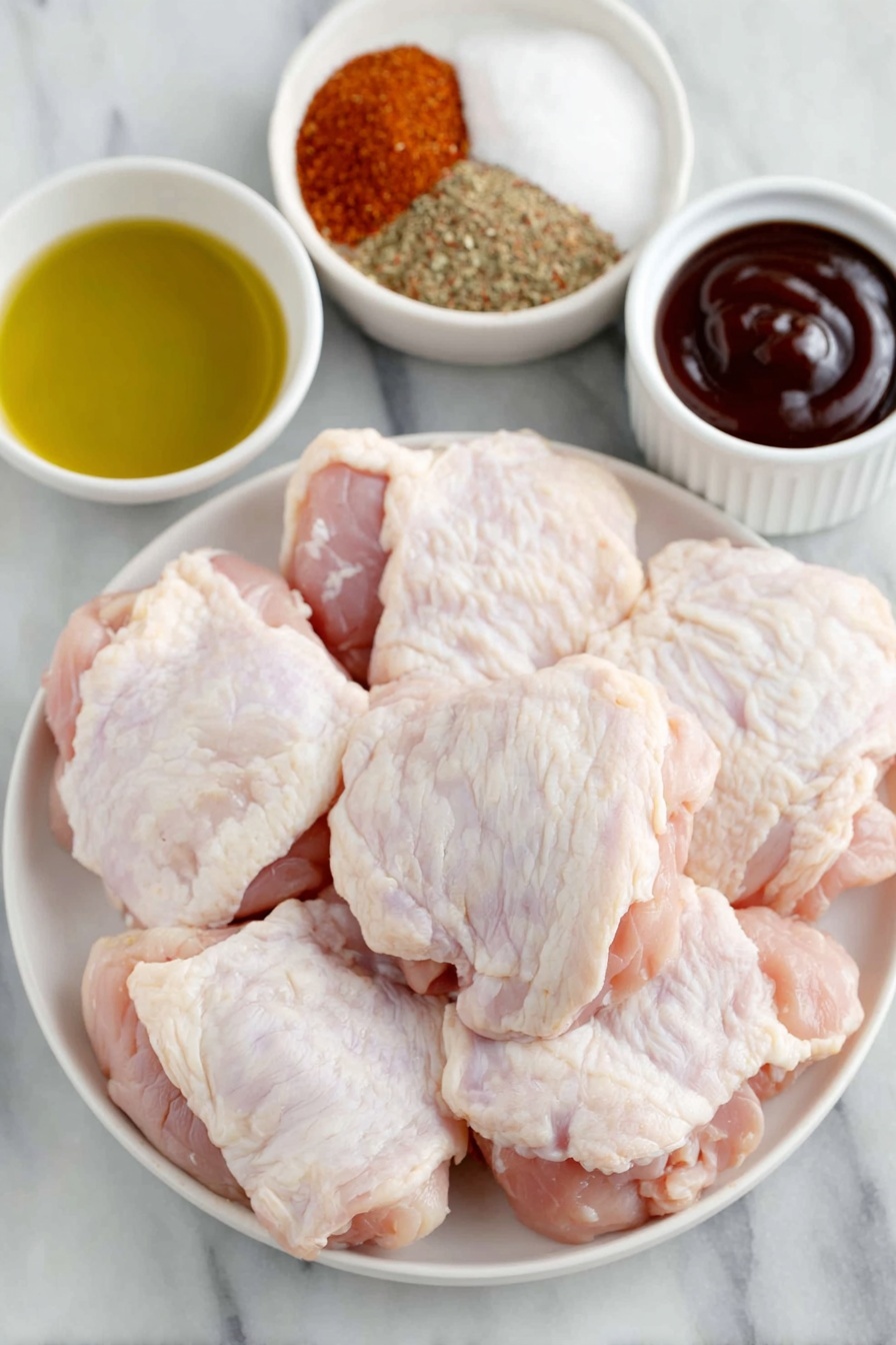 Flat lay of fresh boneless skinless chicken thighs arranged neatly beside a small white bowl of golden cooking oil, a small white bowl filled with dark rich barbecue sauce, a small white bowl of light brown granulated brown sugar, and a small white bowl containing a colorful spice mix of smoked paprika, chili powder, garlic powder, onion powder, ground black pepper, cinnamon, and salt, all placed symmetrically on a simple white ceramic plate, placed on a clean white marble surface, soft natural light, photo taken with an iPhone, professional food photography style, fresh ingredients, white ceramic bowls, no bottles, no duplicates, no utensils, no packaging --ar 2:3 --v 7 --p m7354615311229779997 - Oven Baked Barbecue Chicken Thighs, easy barbecue chicken recipe, baked chicken thigh ideas, juicy baked chicken breast, smoky oven chicken dinner