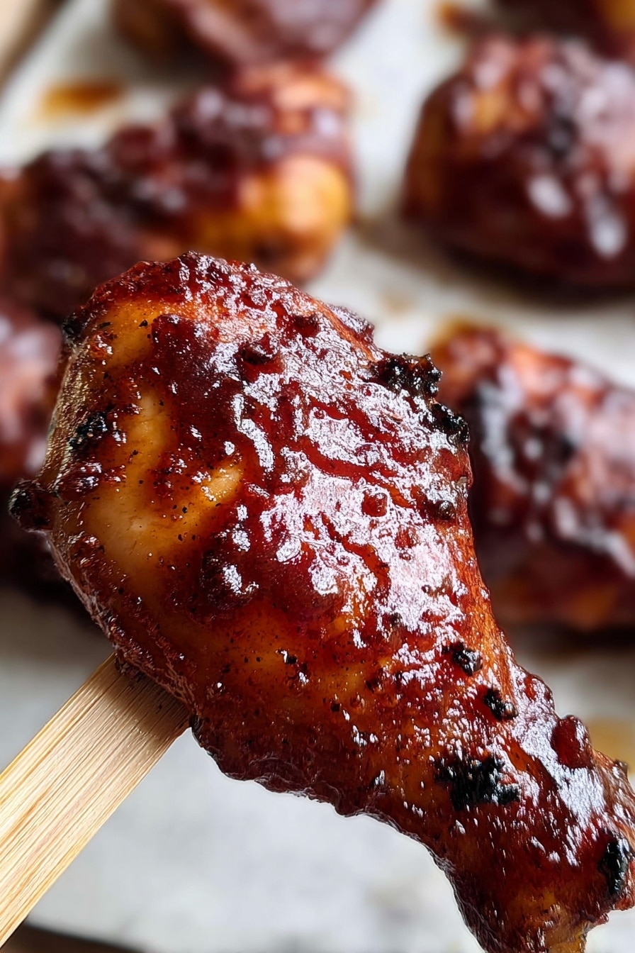 The image shows a close-up of a barbecue chicken drumstick with shiny, dark reddish-brown sauce on it. The skin looks cooked and slightly charred in some places, giving it a textured look with small black spots. The drumstick is held by a wooden stick that is light beige in color, positioned on the lower right side. In the blurry background, there are more pieces of barbequed chicken resting on a white marbled surface, some with sauce and some with a crispy look. photo taken with an iphone --ar 2:3 --v 7 - Oven Baked Barbecue Chicken Thighs, easy barbecue chicken recipe, baked chicken thigh ideas, juicy baked chicken breast, smoky oven chicken dinner