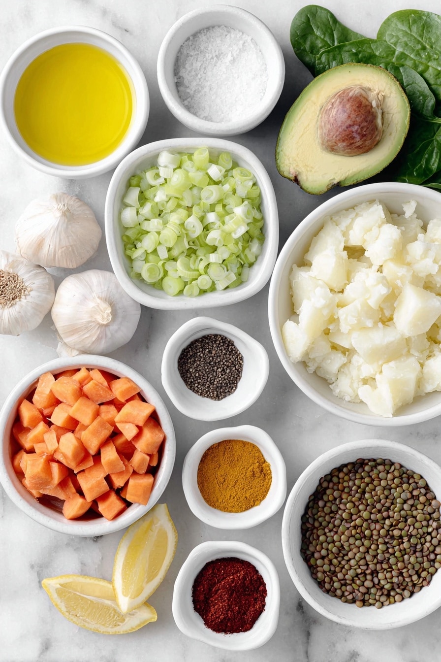 Detox Moroccan Lentil Soup Recipe 7 Flat lay of a small white ceramic bowl of bright orange avocado oil, a pile of freshly chopped white onion, a neat mound of chopped green celery stalks, diced vibrant orange carrots, cubed white fingerling potatoes, two whole uncracked garlic cloves, a small white ceramic bowl filled with fine sea salt crystals, a small white ceramic bowl with whole black peppercorns, evenly spaced piles of bright yellow ground turmeric, rich brown ground cumin, warm golden ground ginger, deep red smoked paprika, and reddish-brown ground cinnamon, small white bowls holding green lentils and red lentils separately, a simple white ceramic bowl of thick deep red tomato paste, a small white ceramic bowl of creamy almond milk, a matching bowl with fresh lemon juice, a bunch of fresh dark green spinach leaves arranged neatly, all placed on a clean white marble surface, soft natural light, photo taken with an iPhone, professional food photography style, fresh ingredients, white ceramic bowls, no bottles, no duplicates, no utensils, no packaging --ar 2:3 --v 7 --p m7354615311229779997 - Detox Moroccan Lentil Soup, Moroccan Lentil Soup, Healthy Lentil Soup, Spiced Lentil Soup, Nourishing Vegetarian Soup