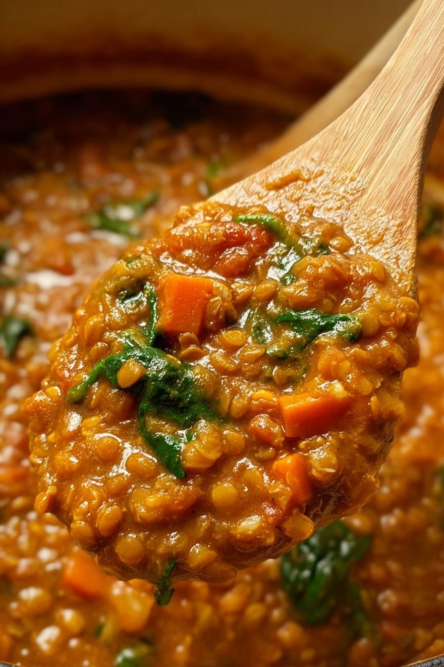 Detox Moroccan Lentil Soup Recipe 8 A wooden spoon holds a thick stew with a warm orange-brown color, showing visible cooked lentils, small diced orange carrots, and bright green spinach leaves mixed in. The texture looks rich and slightly chunky with a glossy finish. The background is blurred but shows more of the same stew in a pot with the same orange-brown tones. photo taken with an iphone --ar 2:3 --v 7 - Detox Moroccan Lentil Soup, Moroccan Lentil Soup, Healthy Lentil Soup, Spiced Lentil Soup, Nourishing Vegetarian Soup