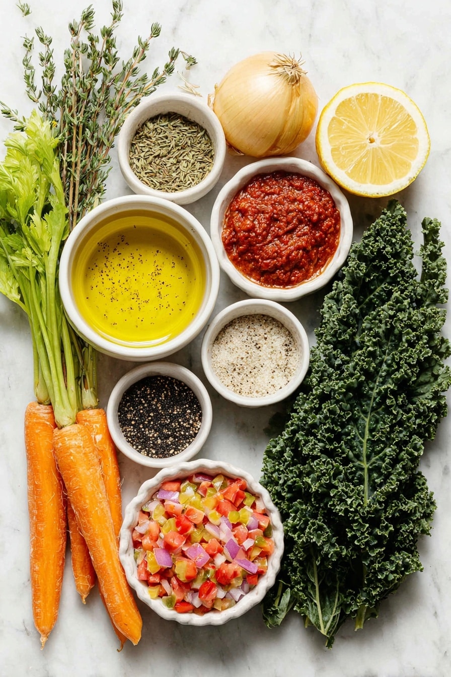 Mediterranean Lentil Soup Recipe 7 Flat lay of a small white ceramic bowl of extra virgin olive oil, a medium yellow onion whole and uncut, two medium fresh carrots with green tops, two fresh celery ribs, a small white ceramic bowl of thick red tomato paste, three garlic cloves whole with papery skins, small white ceramic bowls holding dried oregano, dried basil, dried thyme, and ground black pepper, a small pile of coarse kosher salt, a small white ceramic bowl filled with fire-roasted diced tomatoes, a small white ceramic bowl of green lentils, three dark green kale leaves stemmed and stacked, a whole lemon with one half cut to reveal juice, all ingredients fresh and natural, arranged in perfect symmetry and realistic proportions on a simple white ceramic surface, placed on a clean white marble surface, soft natural light, photo taken with an iPhone, professional food photography style, fresh ingredients, white ceramic bowls, no bottles, no duplicates, no utensils, no packaging --ar 2:3 --v 7 --p m7354615311229779997 - Mediterranean Lentil Soup, hearty lentil soup, healthy Mediterranean soup, flavorful vegan soup, nourishing lentil dish