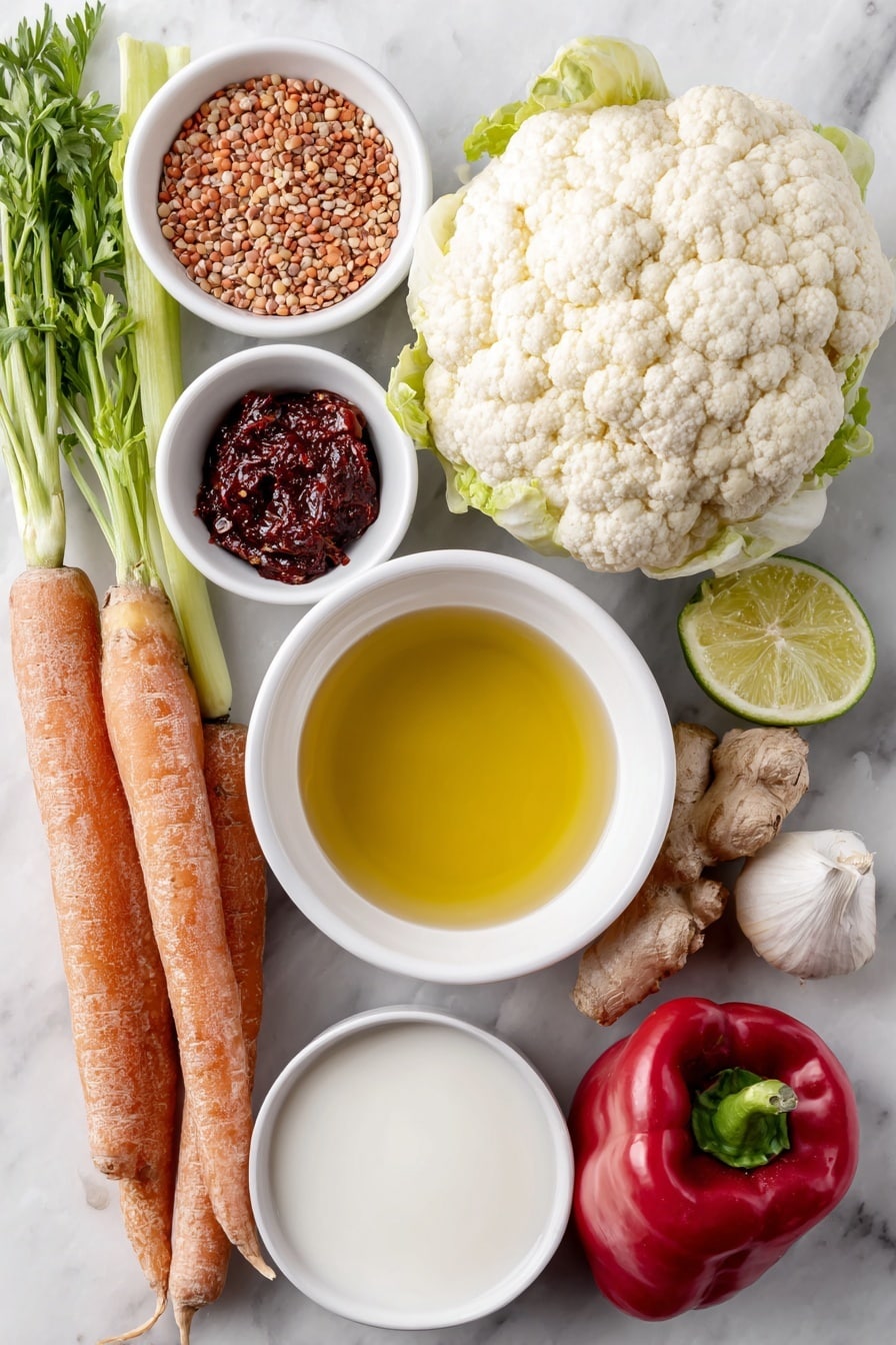 Creamy Thai Red Curry Lentil Soup Recipe 7 Flat lay of a small pool of golden olive oil in a simple white ceramic bowl, one fresh red bell pepper whole and vibrant, two large bright orange carrots with green tops trimmed, a crisp celery rib with leaves attached, two cloves of garlic unpeeled, one sweet onion with papery skin intact, a small mound of fresh ginger root showing its knobby texture, a small white bowl filled with vivid deep red Thai red curry paste, two fresh red chilis, a medium head of cauliflower with tightly packed creamy white florets and green leaves, a small white bowl holding dry red lentils, a small white bowl of water, a small white bowl filled with smooth creamy coconut milk, one whole fresh lime with glossy green skin, and a small white bowl of golden agave syrup, all arranged with perfect symmetry on a clean white marble surface, soft natural light, photo taken with an iPhone, professional food photography style, fresh ingredients, white ceramic bowls, no bottles, no duplicates, no utensils, no packaging --ar 2:3 --v 7 --p m7354615311229779997 - Creamy Thai Red Curry Lentil Soup, Thai red curry lentil soup, Thai red curry soup recipe, vegan Thai lentil soup, comforting healthy soup