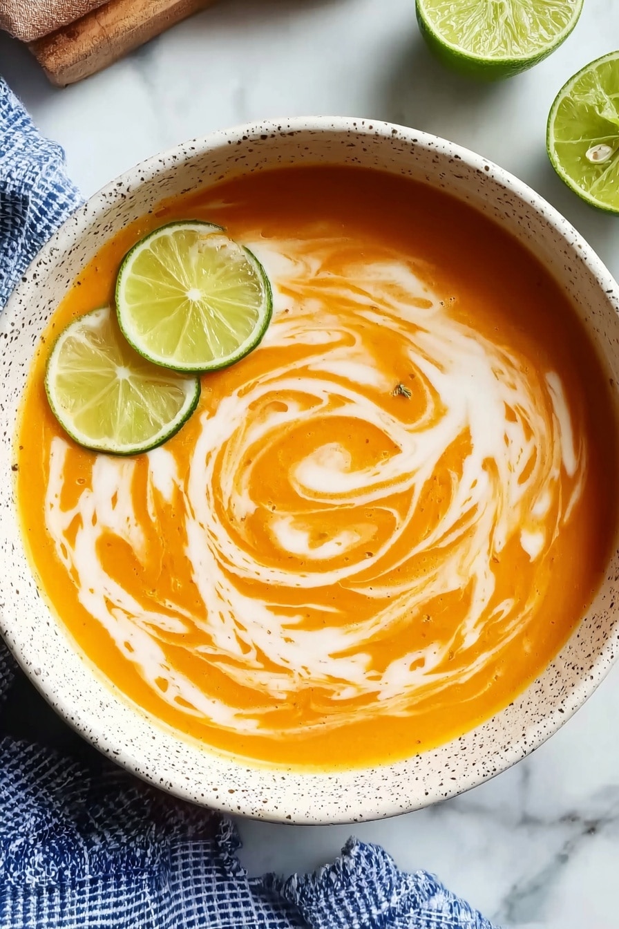 Creamy Thai Red Curry Lentil Soup Recipe 8 A white speckled bowl filled with smooth orange soup swirled with creamy white liquid, creating a marble effect on the surface; on top, three thin slices of green lime are placed near the edge, adding a fresh touch. The bowl is set on a white marbled surface, with a blue checkered cloth partially visible on the bottom left and a halved lime to the top right. Photo taken with an iphone --ar 2:3 --v 7 - Creamy Thai Red Curry Lentil Soup, Thai red curry lentil soup, Thai red curry soup recipe, vegan Thai lentil soup, comforting healthy soup