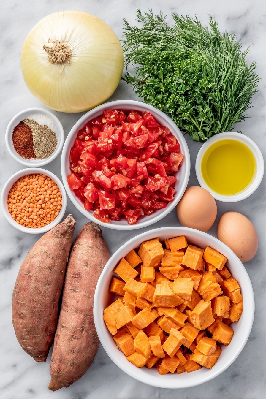 Red Lentil Soup with Veggies and Herbs Recipe 7 Flat lay of a small white ceramic bowl filled with golden extra-virgin olive oil, a large yellow onion with smooth bright yellow skin, two whole uncracked brown garlic cloves, a small white bowl containing ground cumin powder, another small white bowl with deep red chili powder, a pristine white ceramic dish holding bright red diced tomatoes, a large peeled sweet potato cut into even chunks with vibrant orange flesh, two peeled carrots diced into small orange pieces, a small white bowl overflowing with raw red lentils, a small bunch of mixed fresh herbs including dill, mint, parsley, and oregano with bright green leaves, a small white bowl containing fresh lemon juice with a pale yellow hue, and two whole uncracked brown eggs arranged symmetrically, all placed on a clean white marble surface, soft natural light, photo taken with an iPhone, professional food photography style, fresh ingredients, white ceramic bowls, no bottles, no duplicates, no utensils, no packaging --ar 2:3 --v 7 --p m7354615311229779997 - Red Lentil Soup with Veggies and Herbs, hearty vegan lentil soup, healthy vegetable lentil soup, quick nutritious lentil soup, comforting homemade lentil soup