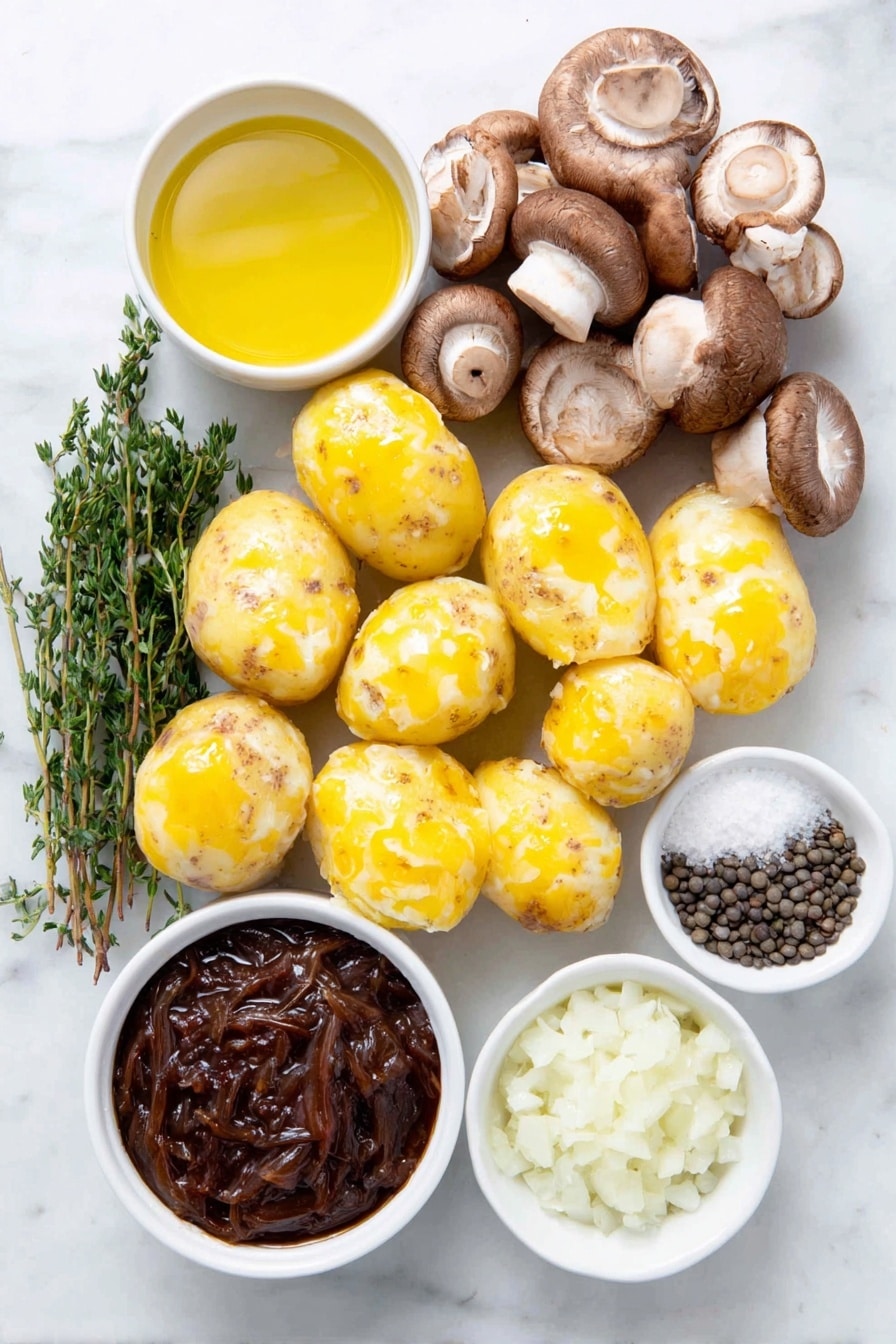 Mushroom Lentil Stew over Mashed Potatoes Recipe 7 Flat lay of peeled yellow potatoes with some skin left on, whole uncracked brown eggs, a small bunch of fresh thyme sprigs, a few sprigs of fresh parsley, a small pile of sliced cremini mushrooms, a small bowl of rinsed green lentils, a small white ceramic bowl of olive oil, a small white ceramic bowl of unsweetened almond milk, a small white ceramic bowl of coconut aminos, a small white ceramic bowl of tomato paste, a small white ceramic bowl of water, a small white ceramic bowl of vegetable broth, a small white ceramic bowl of chopped shallots, sea salt and black peppercorns scattered neatly on the side, arranged with perfect symmetry on a clean white marble surface, soft natural light, photo taken with an iPhone, professional food photography style, fresh ingredients, white ceramic bowls, no bottles, no duplicates, no utensils, no packaging --ar 2:3 --v 7 --p m7354615311229779997 - Mushroom Lentil Stew over Mashed Potatoes, hearty vegan meal, comforting mushroom and lentil dish, easy plant-based dinner, cozy fall recipes