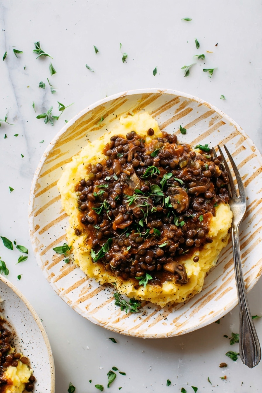Mushroom Lentil Stew over Mashed Potatoes Recipe 6 The dish shows two main layers on a round white plate with a light brown pattern. The bottom layer is a thick, soft, creamy yellow mashed potato spread evenly in a roughly circular shape. On top, a rich, dark brown lentil stew with small round lentils and sliced mushrooms is spread, covering most of the mashed potatoes. Small green herb leaves are sprinkled over the stew for garnish. A silver fork rests on the right side of the plate, partly on the food. The plate is set on a white marbled surface with scattered chopped green herbs around it. Photo taken with an iphone --ar 2:3 --v 7 - Mushroom Lentil Stew over Mashed Potatoes, hearty vegan meal, comforting mushroom and lentil dish, easy plant-based dinner, cozy fall recipes