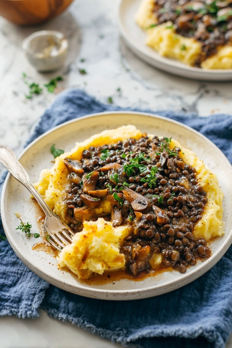 Mushroom Lentil Stew over Mashed Potatoes Recipe 8 A white plate holds a serving of mashed potatoes with a soft, creamy texture forming the outer layer, with a warm yellow color. On top, there is a thick stew made of dark brown lentils and sliced mushrooms, rich in sauce that has a glossy finish, mixed evenly with herbs like thyme and parsley scattered on top for a fresh green touch. A fork rests on the left side of the plate, with some mashed potatoes touching its tines. The plate is set on a blue cloth over a white marbled surface, with another similar plate shown blurred in the background. photo taken with an iphone --ar 2:3 --v 7 - Mushroom Lentil Stew over Mashed Potatoes, hearty vegan meal, comforting mushroom and lentil dish, easy plant-based dinner, cozy fall recipes