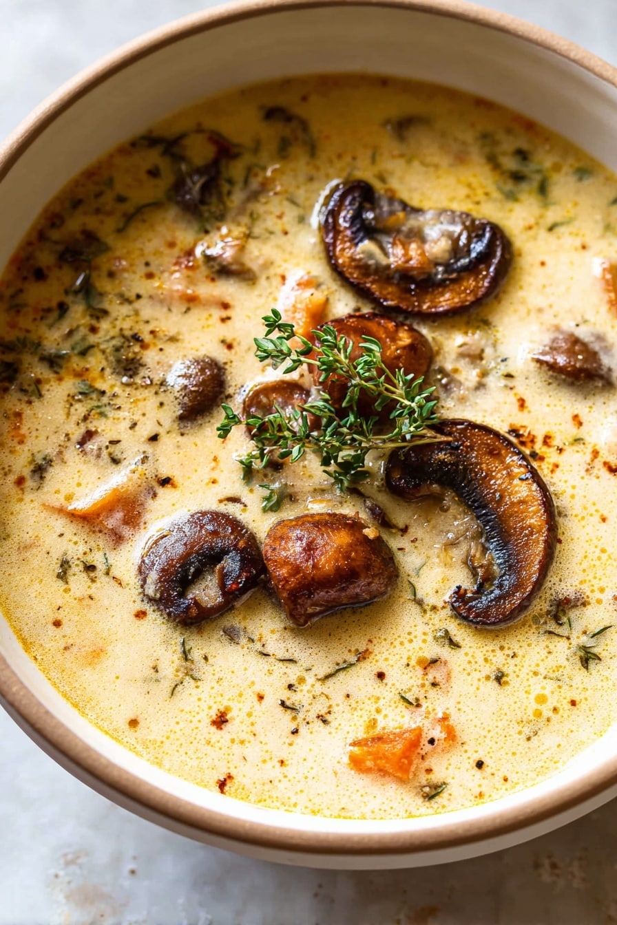 A white bowl filled with creamy soup that has a light yellow-beige color base, with visible small bits of herbs and spices mixed in. On top, several browned cooked mushrooms with a rich dark brown, slightly shiny texture sit scattered. There are small orange pieces, likely carrot chunks, and a sprig of fresh green thyme placed in the middle as garnish. The surface looks creamy with a few bubbles and specks of black pepper sprinkled on top, all set on a white marbled texture. Photo taken with an iphone --ar 2:3 --v 7 - Wild Rice Mushroom Soup, earthy mushroom soup with wild rice, creamy mushroom and wild rice recipe, hearty vegetarian mushroom soup, comforting mushroom and rice dish