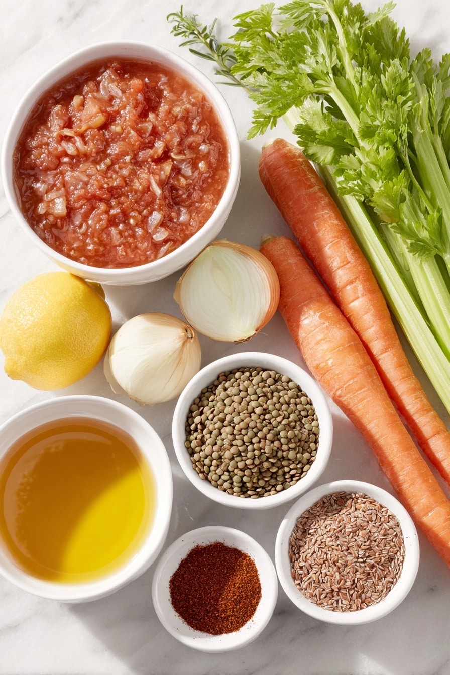 Flat lay of a small puddle of golden olive oil on white ceramic, a whole yellow onion peeled and uncut, two unpeeled garlic cloves, a large fresh carrot with bright orange skin, two firm green celery ribs, a small mound of dried green lentils, a white ceramic bowl filled with crushed red tomatoes, a white ceramic bowl with clear vegetable broth, a couple of dried bay leaves with a matte brown texture, a fresh whole lemon with bright yellow skin, a small white ceramic bowl containing ground cumin and coriander powders side by side, another small white bowl holding paprika powder, a sprig of fresh bright green parsley, all ingredients arranged in perfect symmetry and realistic proportions, placed on a clean white marble surface, soft natural light, photo taken with an iPhone, professional food photography style, fresh ingredients, white ceramic bowls, no bottles, no duplicates, no utensils, no packaging --ar 2:3 --v 7 --p m7354615311229779997 - Hearty Lentil Soup with Lemon, Lentil Soup, Lemon Lentil Soup, Healthy Lentil Soup, Cozy Lentil Soup