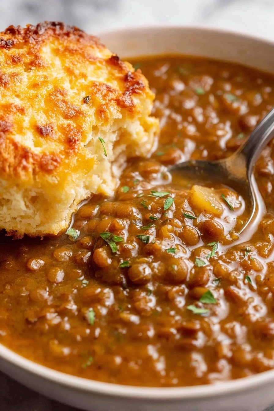 A close-up of a white pot filled with thick brown lentil soup, showing many small lentils and bits of vegetables like tomatoes and celery, with some green herbs scattered on top. A metal ladle is scooping up the soup, lifting a scoop full with a rich, textured surface. The white pot handles are visible on the sides and the background is a soft blur with a white marbled texture. photo taken with an iphone --ar 2:3 --v 7 - Hearty Lentil Soup with Lemon, Lentil Soup, Lemon Lentil Soup, Healthy Lentil Soup, Cozy Lentil Soup