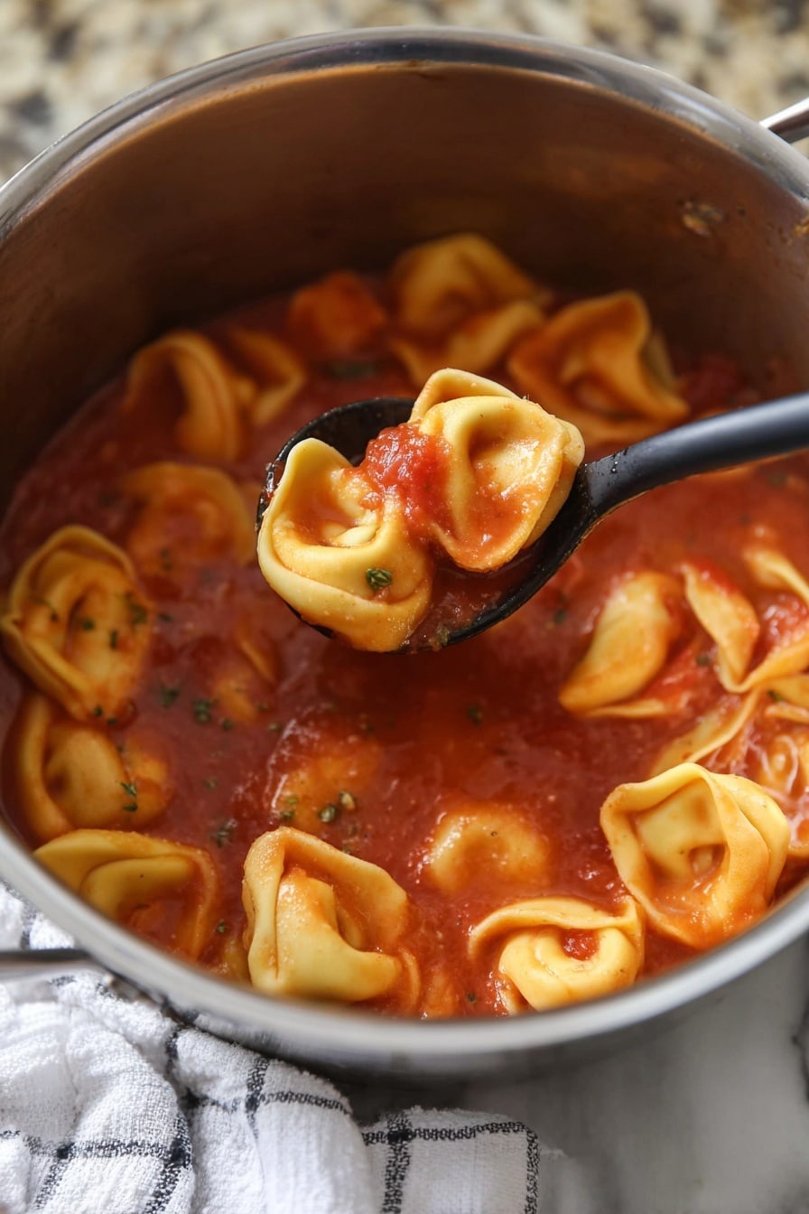 Tomato Basil Tortellini Soup Recipe 6 A close-up view of a shiny metal pot filled with tortellini pasta floating in a rich red tomato sauce, showing about two layers of tortellini with smooth, yellow pasta shells that have a soft, folded shape and a slightly scalloped edge. A black spoon holds up one tortellini filled with sauce that glistens with small bits of tomato and herbs. The pot sits on a white marbled surface with a white cloth and a checkered towel underneath, adding a cozy kitchen feel, photo taken with an iphone --ar 2:3 --v 7 - Tomato Basil Tortellini Soup, easy tortellini soup, quick tomato basil soup, comforting pasta soup, hearty vegetarian soup