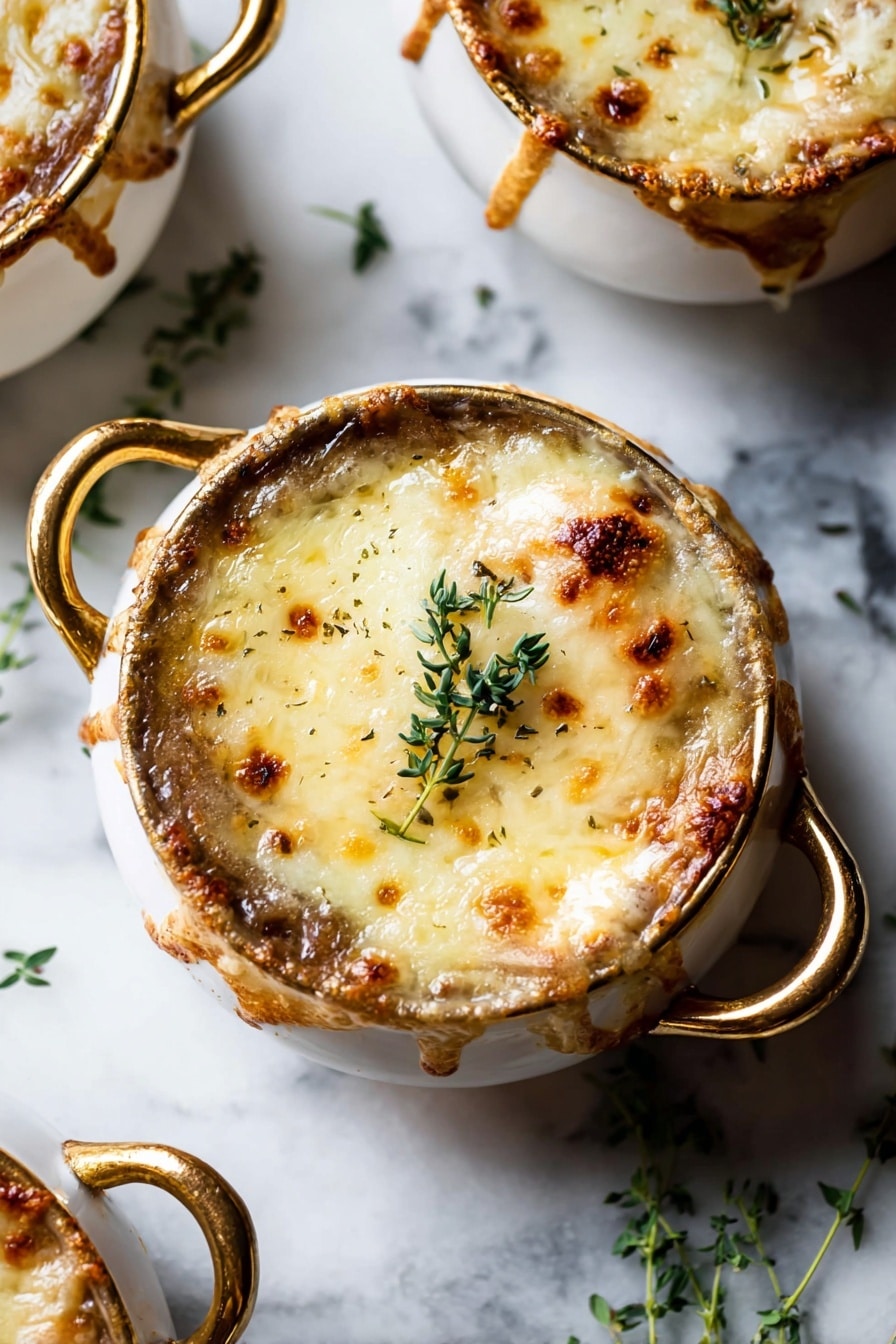 Easy French Onion Soup with Melted Cheese Recipe 6 The image shows a small round dish with a shiny golden-brown top layer of melted cheese browned in spots, slightly bubbling and spilling over the side. The cheese layer is thick and creamy with green herbs sprinkled on top and a small green herb twig resting diagonally. The dish itself is copper with a small shiny brass handle, placed on a white cloth on a white marbled surface. In the background, another similar dish is partially visible, also topped with the browned cheese. Photo taken with an iphone --ar 2:3 --v 7 - French Onion Soup with Melted Cheese, easy French onion soup, homemade onion soup, caramelized onion soup, cheesy French onion broth
