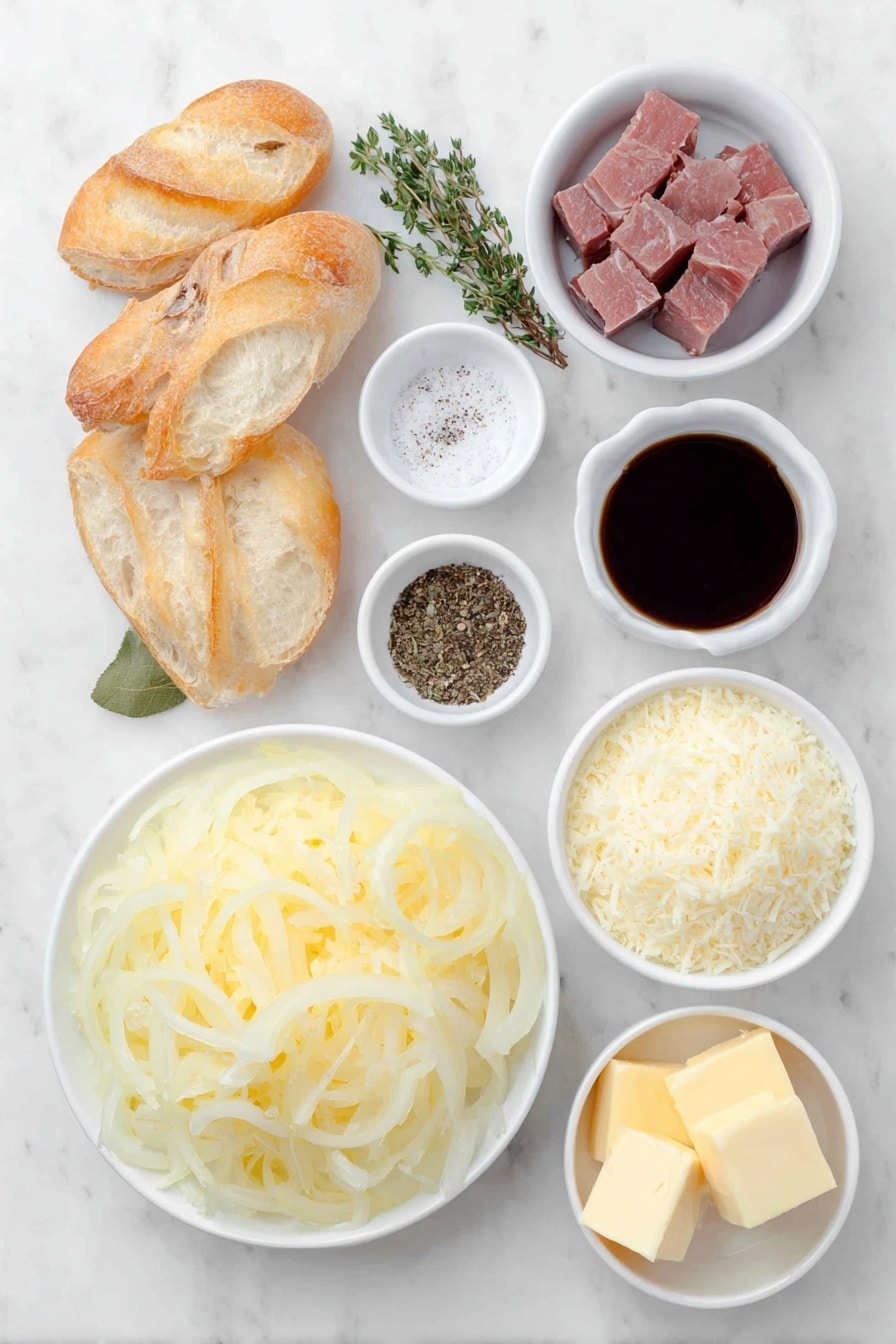 Slow Cooker French Onion Soup Recipe 7 Flat lay of three large yellow onions thinly sliced arranged neatly, a small white bowl with cubed pale yellow butter, whole kosher salt crystals scattered beside a small white bowl of fresh ground black pepper, a small white bowl filled with dark red wine, a single fresh bay leaf, a small white bowl with dried thyme leaves, two beef bouillon cubes side by side, a small white bowl holding deep brown Worcestershire sauce, several slices of French baguette with crusty golden edges, a mound of grated pale yellow Gruyere cheese, and a smaller mound of grated off-white Parmesan cheese, all placed on a clean white marble surface, soft natural light, photo taken with an iPhone, professional food photography style, fresh ingredients, white ceramic bowls, no bottles, no duplicates, no utensils, no packaging --ar 2:3 --v 7 --p m7354615311229779997 - Slow Cooker French Onion Soup, French Onion Soup, Crockpot Onion Soup, Easy French Onion Soup, comforting onion soup