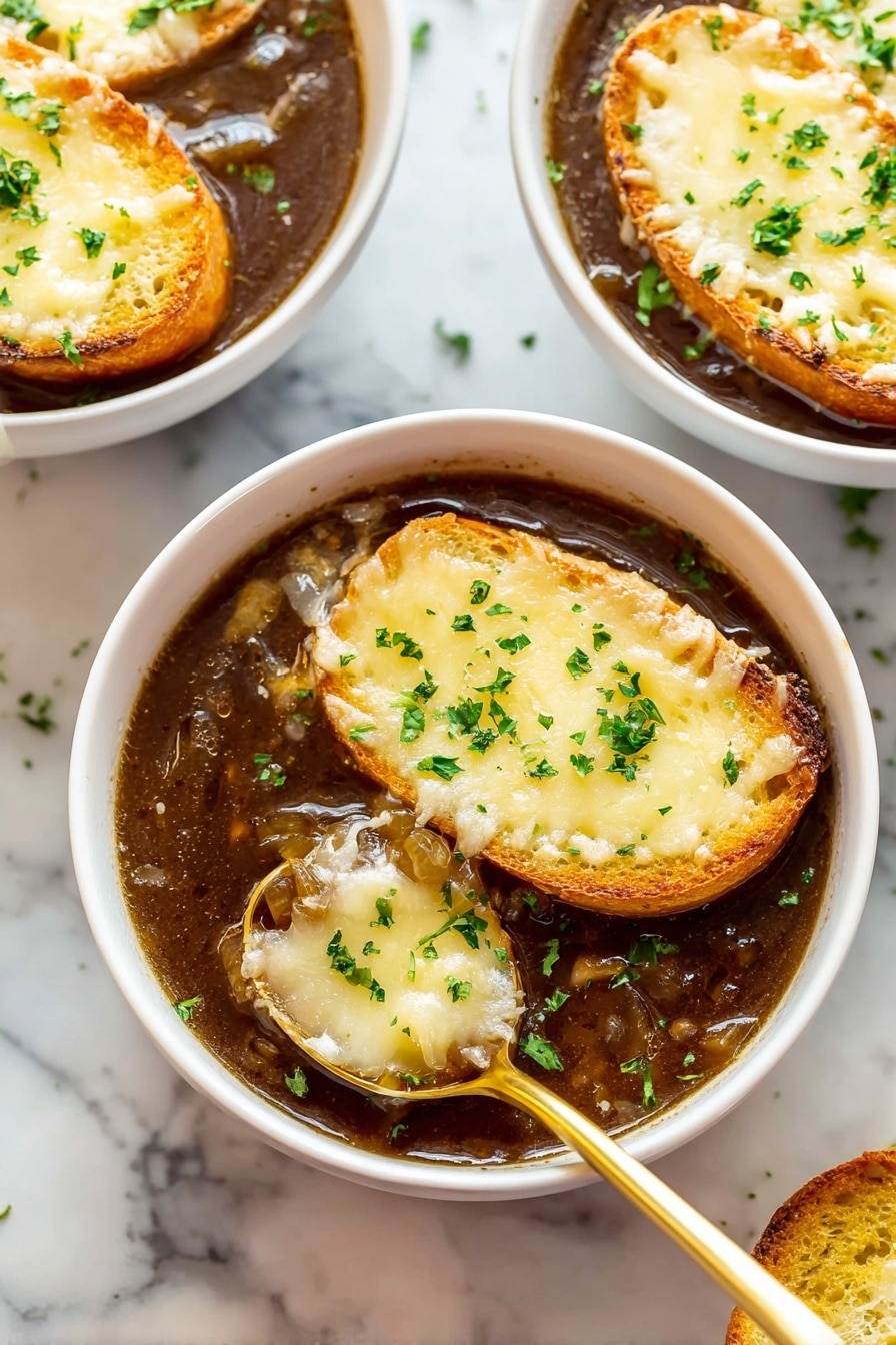 Instant Pot French Onion Soup Recipe 6 The image shows three white bowls filled with dark brown onion soup. Each bowl has two to three golden, toasted bread slices floating on top, covered with melted light yellow cheese that looks soft and slightly browned. The soup is garnished with small green parsley pieces scattered on the bread and in the soup. One bowl in the front has a gold spoon lifting some soup with visible cooked onions and a bit of melted cheese. The bowls are placed on a white marbled surface. The photo taken with an iphone --ar 2:3 --v 7 - Instant Pot French Onion Soup, quick French onion soup, easy onion soup recipe, pressure cooker French onion, hearty onion soup