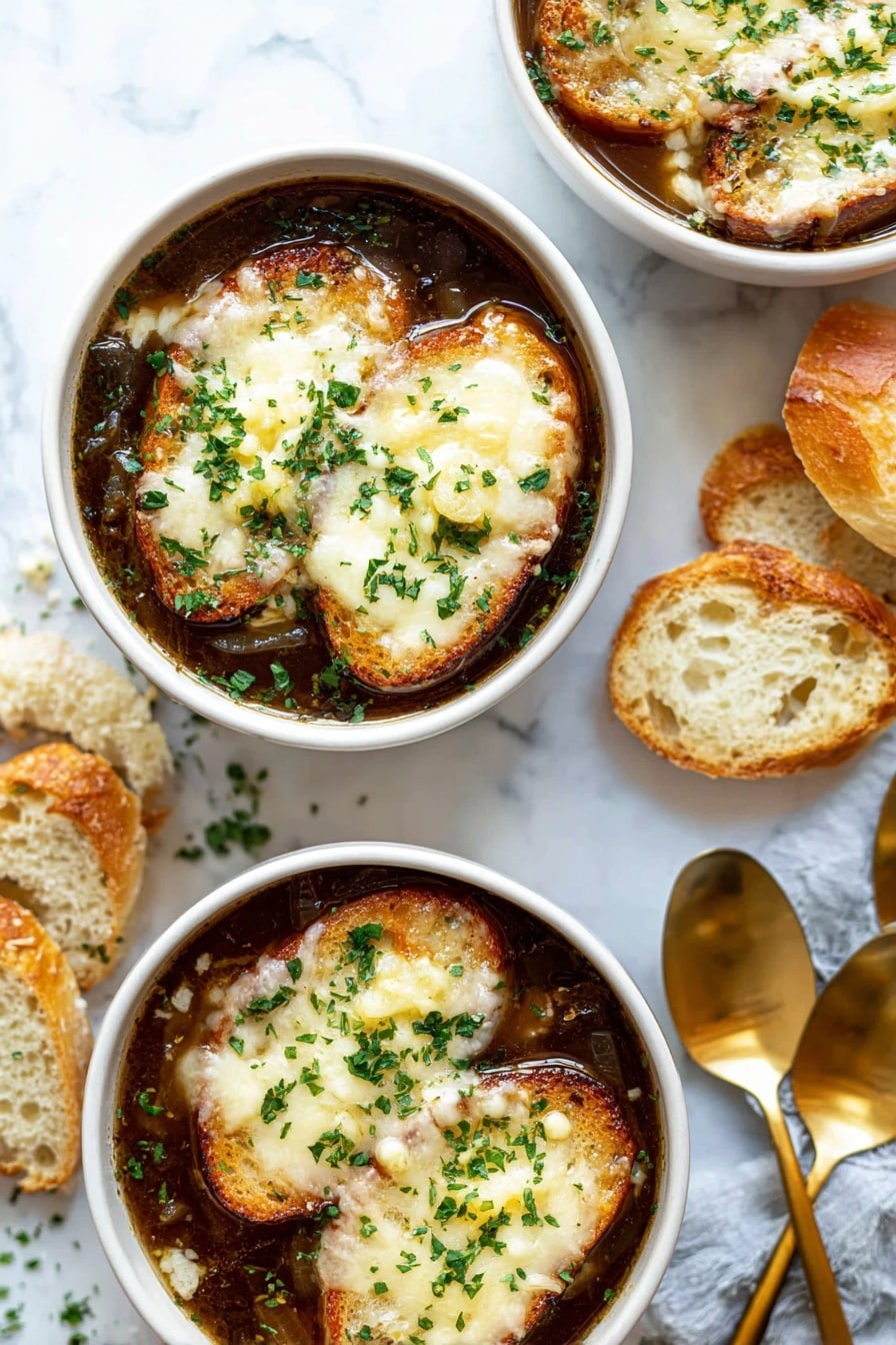 Instant Pot French Onion Soup Recipe 8 The image shows three white bowls filled with dark brown onion soup, each topped with two to three slices of toasted bread covered with melted golden cheese, sprinkled with fresh green chopped herbs. The bread slices float on the soup, showing a mix of melted cheese and slightly crispy browned edges. Next to the bowls, there is a small pile of sliced bread on a white marbled surface. To the right are three shiny gold spoons placed together. The lighting is bright and natural, highlighting the textures of the melted cheese, herbs, and soup. Photo taken with an iphone --ar 2:3 --v 7 - Instant Pot French Onion Soup, quick French onion soup, easy onion soup recipe, pressure cooker French onion, hearty onion soup