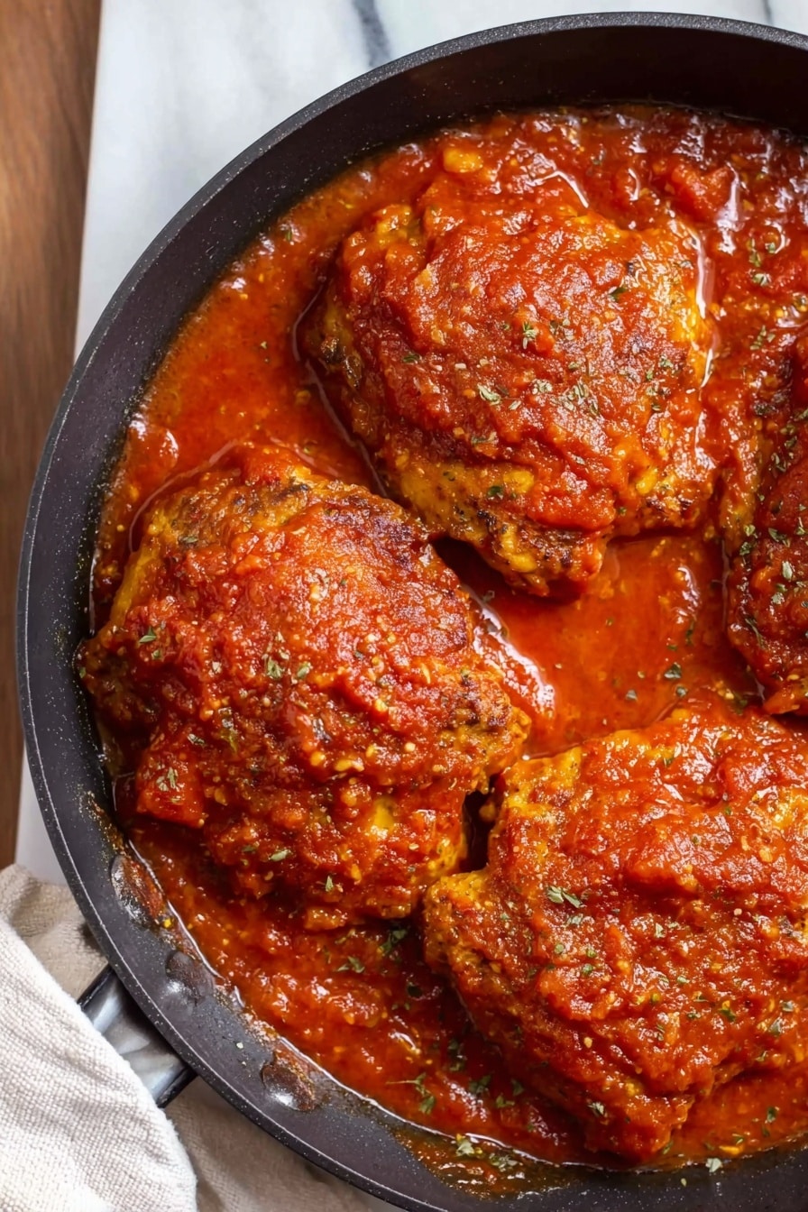 Nigerian Chicken Stew Recipe 8 The image shows a close-up view of four pieces of cooked chicken covered in thick red tomato sauce inside a black pan. Each piece of chicken is golden brown under the rich sauce, which has a chunky texture with visible herbs and small bits. The sauce pools around the chicken, creating a glossy, moist look. The pan rests on a white marbled surface with a white cloth napkin nearby. The overall colors are warm reds and browns with a textured, home-cooked feel. photo taken with an iphone --ar 2:3 --v 7 - Nigerian Chicken Stew, Nigerian Chicken Stew recipe, Nigerian stew with chicken, spicy Nigerian chicken dish, African chicken stew