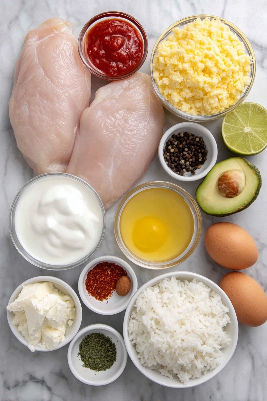 Hot Honey Chicken Rice Bowls Recipe 7 Flat lay of two medium boneless chicken breasts, a small white bowl of golden honey, a small white bowl with bright red sriracha sauce, a small white bowl of minced garlic, a small white bowl of coarse salt, a small white bowl of black peppercorns, a small white bowl of crushed red pepper flakes, a small white bowl of cayenne powder, two medium zucchini sliced into rounds, one medium summer squash sliced into rounds, a small pile of shredded orange carrots, one ripe avocado sliced, two cups of cooked fluffy white rice, half a medium lime cut in half, a small white bowl of creamy plain Greek yogurt, a small white bowl of milk, a small white bowl with dried onion powder, a small white bowl with garlic powder, a small white bowl of dried dill, a small white bowl of finely chopped fresh parsley, a small white bowl of Worcestershire sauce, two tablespoons of avocado oil in a small white bowl, two whole brown eggs with clean shells placed symmetrically; all arranged in perfect balance and symmetry on a clean white marble surface, soft natural light, photo taken with an iPhone, professional food photography style, fresh ingredients, white ceramic bowls, no bottles, no duplicates, no utensils, no packaging --ar 2:3 --v 7 --p m7354615311229779997 - Hot Honey Chicken Bowls, Hot Honey Chicken Rice Bowls, spicy honey chicken, easy chicken rice bowls, flavorful dinner ideas