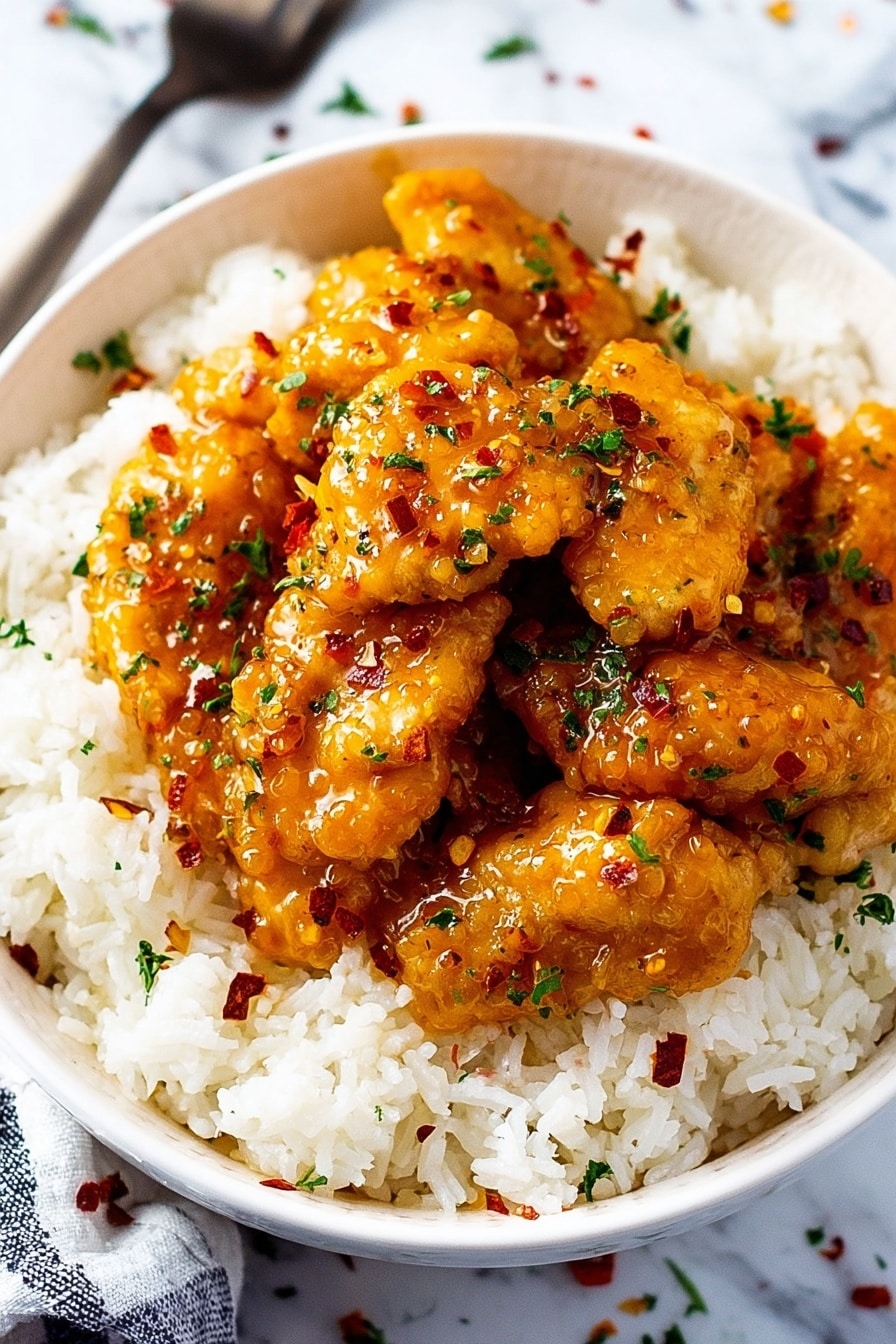 Honey Garlic Chicken Stir-Fry Recipe 8 A white bowl filled with a thick layer of steamed white rice as the base, topped with multiple pieces of golden brown chicken coated in a shiny orange glaze sauce. The chicken pieces are scattered with small green herbs and red chili flakes, adding contrast and texture. The bowl rests on a white marbled surface, with part of a fork visible on the top left side of the image. Photo taken with an iphone --ar 2:3 --v 7 - Honey Garlic Chicken Stir-Fry, quick chicken stir-fry, healthy chicken dinner, easy stir-fry recipe, savory honey garlic chicken