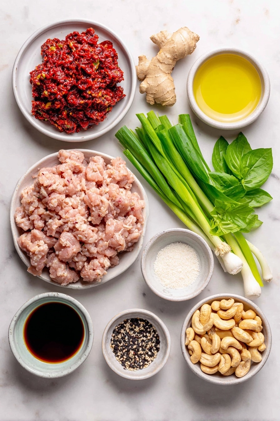 Gochujang Chicken Bowls Recipe 7 Flat lay of a small mound of gochujang paste with its deep red color, a few whole garlic cloves, peeled and minced fresh ginger root pieces, a handful of fresh scallions whole with white and green parts, a bright large red bell pepper sliced into chunks, raw ground chicken formed into a neat portion, a small white bowl of toasted sesame oil, a small white bowl of low sodium soy sauce, a small white bowl of rice vinegar, a small white bowl of filtered water, a small white bowl of brown sugar crystals, a small white bowl of arrowroot starch powder, a small pile of roasted cashews, fresh torn Thai basil leaves scattered gently, white sesame seeds sprinkled lightly on the surface, freshly ground black peppercorns arranged in a tiny cluster, all ingredients arranged symmetrically and proportionately on simple white ceramic plates and bowls placed on a clean white marble surface, soft natural light, photo taken with an iPhone, professional food photography style, fresh ingredients, white ceramic bowls, no bottles, no duplicates, no utensils, no packaging --ar 2:3 --v 7 --p m7354615311229779997 - Gochujang Chicken Bowls, Korean chicken bowls, spicy chicken rice bowls, healthy Korean-inspired bowls, easy Gochujang chicken recipe