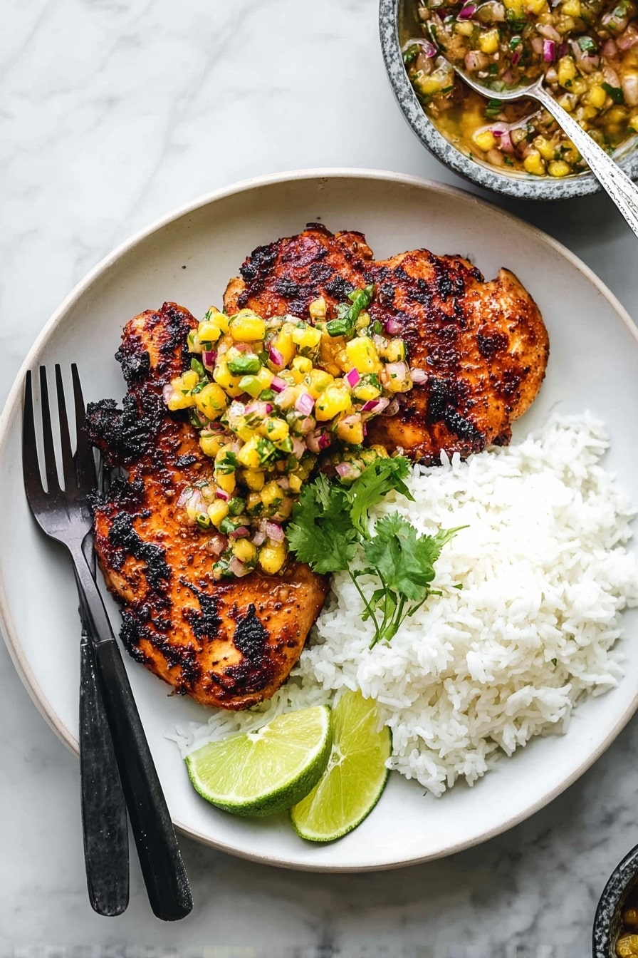A white plate holds two grilled chicken pieces with a dark golden-brown color and slightly charred edges, placed on the left side. On top of the chicken is a small pile of chunky yellow and purple salsa with bits of green herbs, and a sprig of fresh green cilantro is laid across the chicken. Next to the chicken on the right side is a mound of fluffy white rice. Two lime wedges rest at the bottom edge of the chicken. A black fork is partly underneath the chicken, pointing toward the bottom left corner. The plate is on a white marbled surface, and a small bowl with extra salsa and a silver spoon is in the top right corner. Photo taken with an iphone --ar 2:3 --v 7 - Jerk Chicken with Pineapple Salsa, jerk chicken recipe, pineapple salsa recipe, tropical grilled chicken, summer BBQ chicken