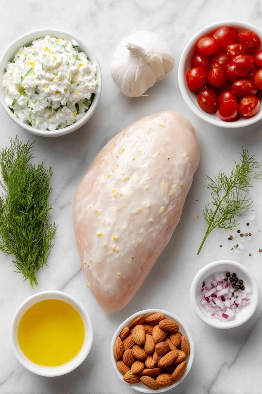 Greek Chicken Salad with Tzatziki Recipe 7 Flat lay of one plump boneless, skinless chicken breast, a small mound of thick creamy plain Greek yogurt in a white ceramic bowl, a small white bowl holding finely shredded seedless cucumber with green skin flecks, fresh bright green dill sprigs, two whole uncracked garlic cloves with smooth white skins, a small white bowl containing vibrant yellow lemon juice, a small white bowl with deep red wine vinegar, a pinch of coarse kosher salt crystals and whole black peppercorns scattered neatly, a handful of chopped celery stalks with pale green color, a heap of glossy red cherry tomatoes diced, a small pile of finely chopped green cucumber pieces, a small white bowl filled with roughly chopped raw almonds showcasing their light brown skins, and a small pile of finely diced purple-red onion pieces — all arranged symmetrically on a clean white marble surface, soft natural light, photo taken with an iPhone, professional food photography style, fresh ingredients, white ceramic bowls, no bottles, no duplicates, no utensils, no packaging --ar 2:3 --v 7 --p m7354615311229779997 - Greek Chicken Salad with Tzatziki, Greek chicken salad, healthy Greek salad, easy Greek chicken recipe, Mediterranean chicken salad