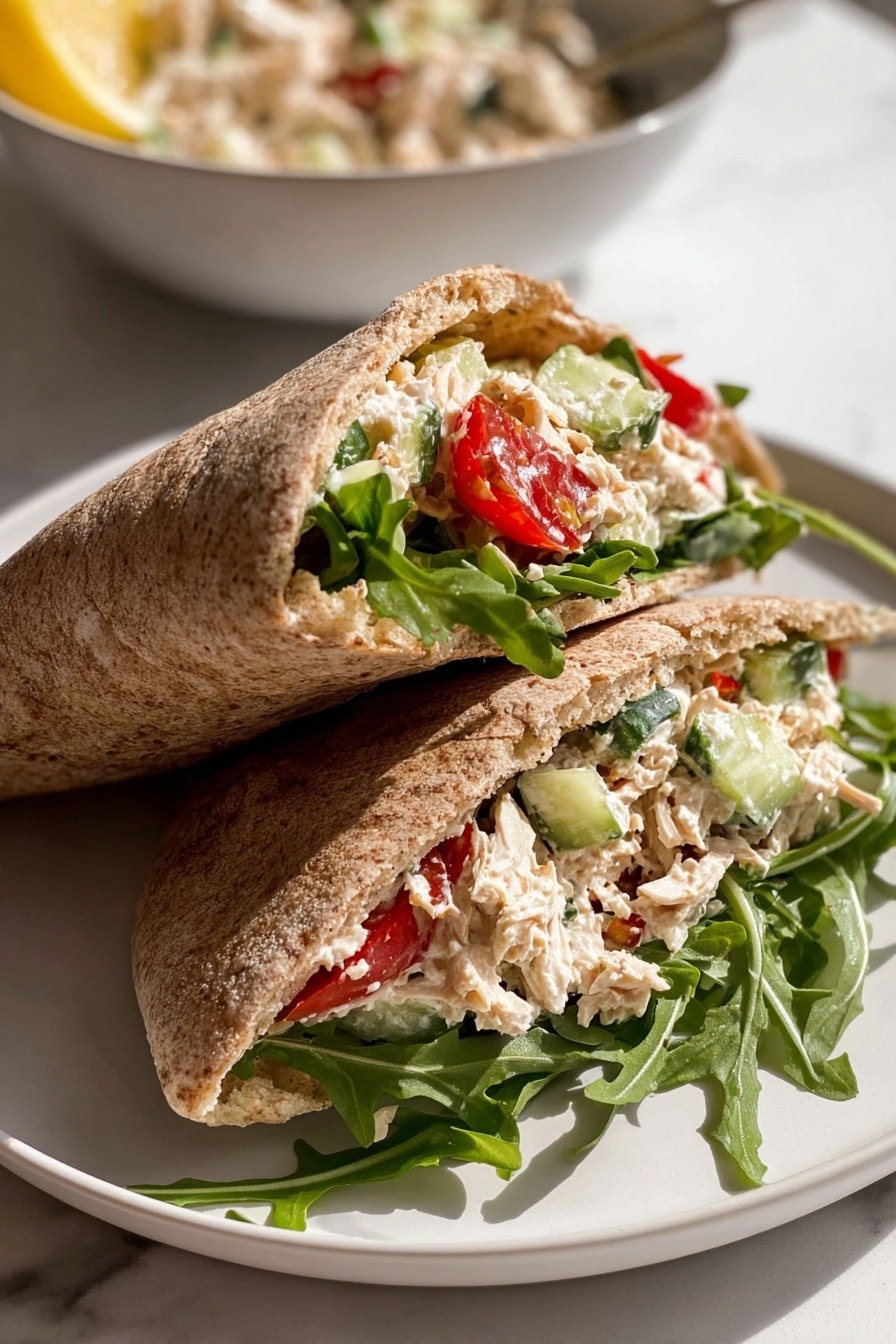 Greek Chicken Salad with Tzatziki Recipe 6 Two halves of a whole wheat pita sandwich are placed on a white plate over a white marbled background. Each half is filled with fresh green arugula at the bottom, topped with a creamy mix that contains shredded chicken, small green cucumber pieces, bright red tomato chunks, and some herbs, all held together by a light dressing. The pita bread has a textured, slightly toasted brown exterior with a soft interior visible near the fillings. A blurred bowl filled with the same creamy chicken mixture is visible in the background. The photo taken with an iphone --ar 2:3 --v 7 - Greek Chicken Salad with Tzatziki, Greek chicken salad, healthy Greek salad, easy Greek chicken recipe, Mediterranean chicken salad