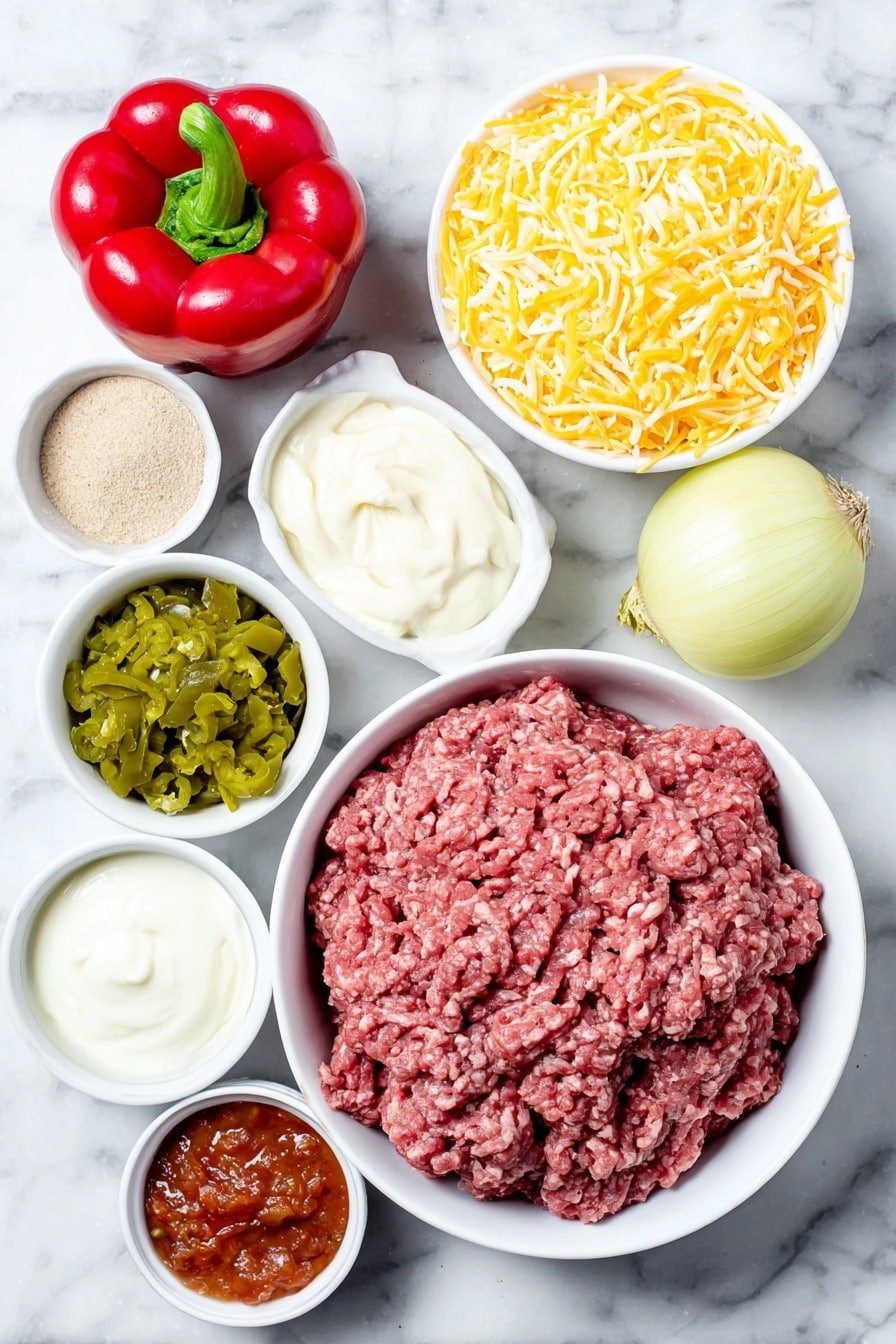 Cheesy Taco Biscuit Casserole Recipe 7 Flat lay of fresh lean ground beef in a simple white ceramic bowl, one whole red bell pepper, one whole yellow onion, a small white bowl of taco seasoning powder, a small white bowl with biscuit mix powder, a small white bowl of water, a small white bowl of sour cream, a small white bowl of mayonnaise, a small white bowl of diced green chiles, a small white bowl of garlic powder, a small white bowl of mild salsa, and a small white ceramic bowl filled with shredded cheddar cheese fiesta blend, placed on a clean white marble surface, soft natural light, photo taken with an iPhone, professional food photography style, fresh ingredients, white ceramic bowls, no bottles, no duplicates, no utensils, no packaging --ar 2:3 --v 7 --p m7354615311229779997 - Cheesy Taco Biscuit Casserole, easy taco casserole, cheesy beef casserole, flavorful taco bake, hearty biscuit casserole