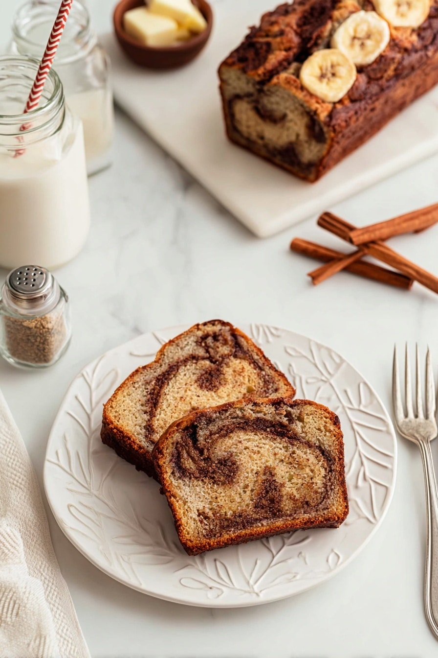 Cinnamon Swirl Banana Bread Recipe 6 A thick loaf of banana bread is shown close-up on a smooth white marbled surface. The bread has two main layers: a light golden brown base with a moist, dense texture and darker brown swirls of cinnamon or chocolate running through it. The top crust is darker brown, slightly crumbly, and uneven with a few cracks and a lighter slice of banana on top, adding texture. Small crumbs scatter around the loaf’s base. The background is softly blurred white tiles, giving a clean, simple feel. photo taken with an iphone --ar 2:3 --v 7 - Cinnamon Swirl Banana Bread, banana bread with cinnamon, moist banana bread recipes, cinnamon swirl quick bread, easy banana bread with cinnamon