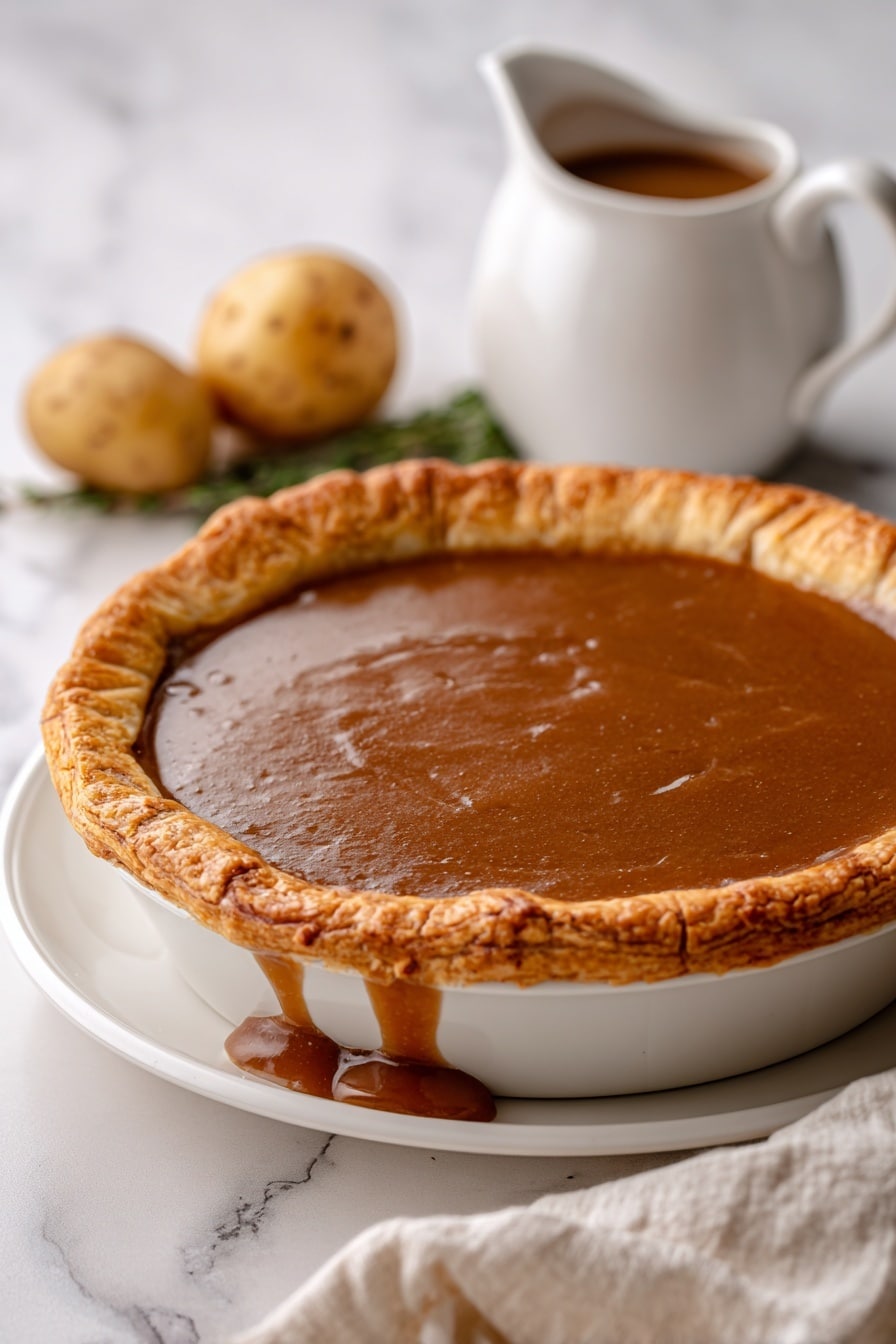 The image shows a thick round pie with golden brown crust and a slightly raised edge, filled with smooth, rich brown gravy that carefully pools on the top and slightly spills over onto a white plate. The pie crust has a flaky, cracked texture, and the gravy is glossy and thick, covering the surface inside the crust. Behind the pie, there is a small round potato and some green garnish. A white jug of extra gravy sits blurred in the background. The surface beneath is a white marbled texture with a soft cloth partially visible at the bottom right. Photo taken with an iphone --ar 2:3 --v 7 - Scottish Lamb Pie, traditional Scotch pie, Scottish meat pie, homemade lamb pastry, hearty lamb dish