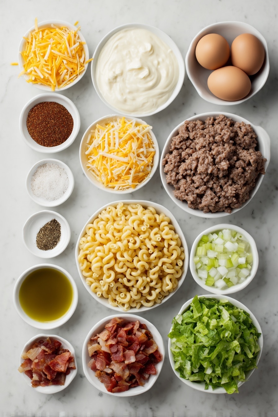 Loaded Cheeseburger Alfredo Pasta Recipe 7 Flat lay of small pile of uncooked elbow pasta, raw ground beef formed loosely, small white bowl of olive oil, whole uncracked brown eggs, small white bowl with creamy Alfredo sauce, shredded cheddar cheese mound, shredded mozzarella cheese mound, crumbled cooked bacon pieces, small white bowl of diced dill pickles, small white bowl of chopped fresh tomatoes, few sprigs of shredded green lettuce, small white bowls each containing onion powder, garlic powder, smoked paprika, salt, and black pepper placed symmetrically around, all ingredients fresh and natural, arranged with perfect symmetry and balanced proportions, placed on a clean white marble surface, soft natural light, photo taken with an iPhone, professional food photography style, fresh ingredients, white ceramic bowls, no bottles, no duplicates, no utensils, no packaging --ar 2:3 --v 7 --p m7354615311229779997 - Loaded Cheeseburger Alfredo Pasta, cheeseburger alfredo pasta recipe, creamy cheeseburger pasta, easy cheesy burger pasta, comfort food pasta recipes