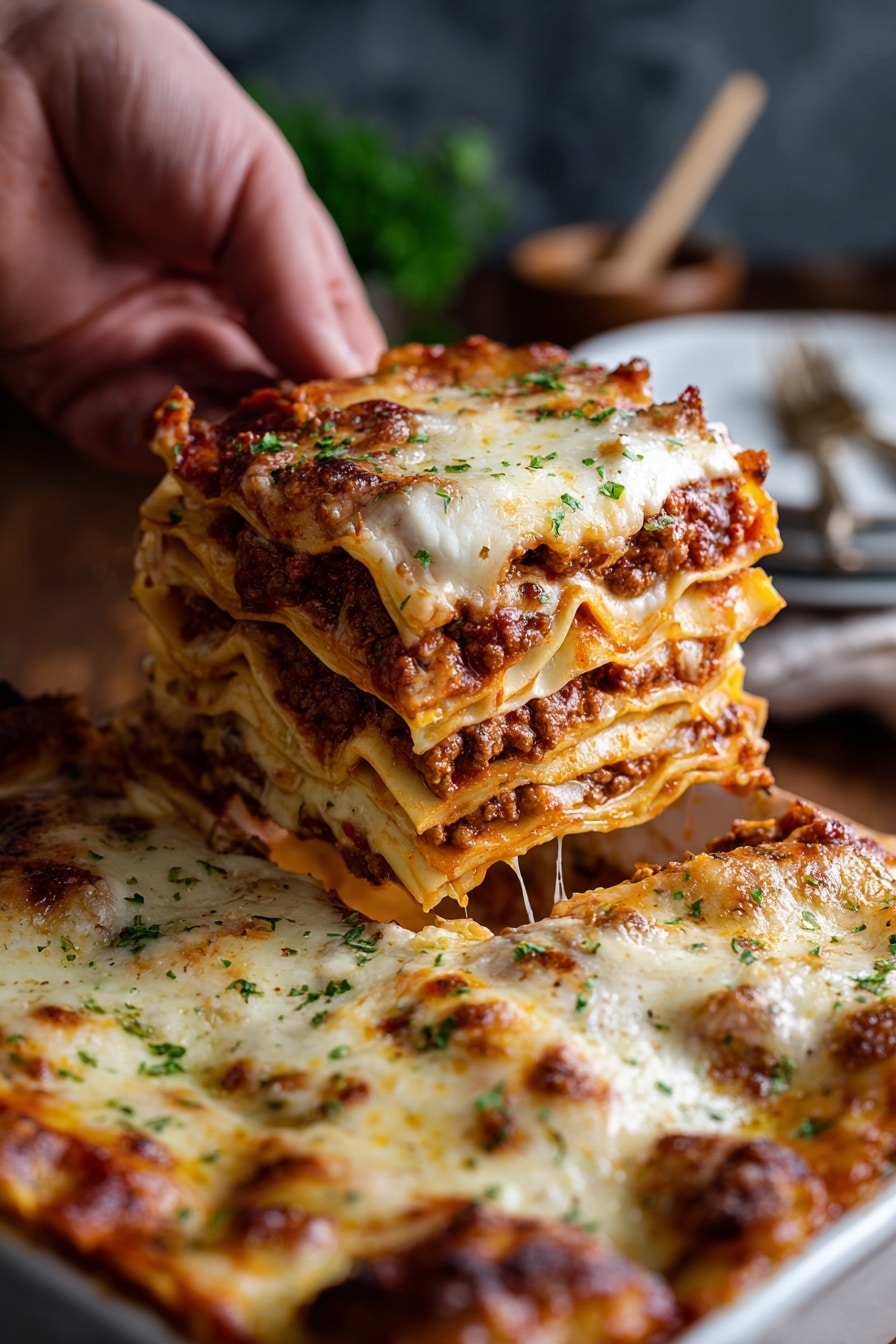 Cheesy Bacon Garlic Lasagna Recipe 8 A close-up of a thick slice of lasagna with three visible layers of flat, pale yellow pasta sheets. Between these layers lies rich, brown ground meat mixed with soft red tomato pieces. Creamy, melted cheese fills the space around the meat, stretching and dripping slightly at the sides with a golden, bubbly cheese layer on top, browned in spots and sprinkled with small green herb bits. The dish sits on a white plate over a white marbled surface. Photo taken with an iphone --ar 2:3 --v 7 - Cheesy Bacon Garlic Lasagna, cheesy bacon lasagna, bacon garlic lasagna, lasagna with bacon and cheese, savory garlic lasagna