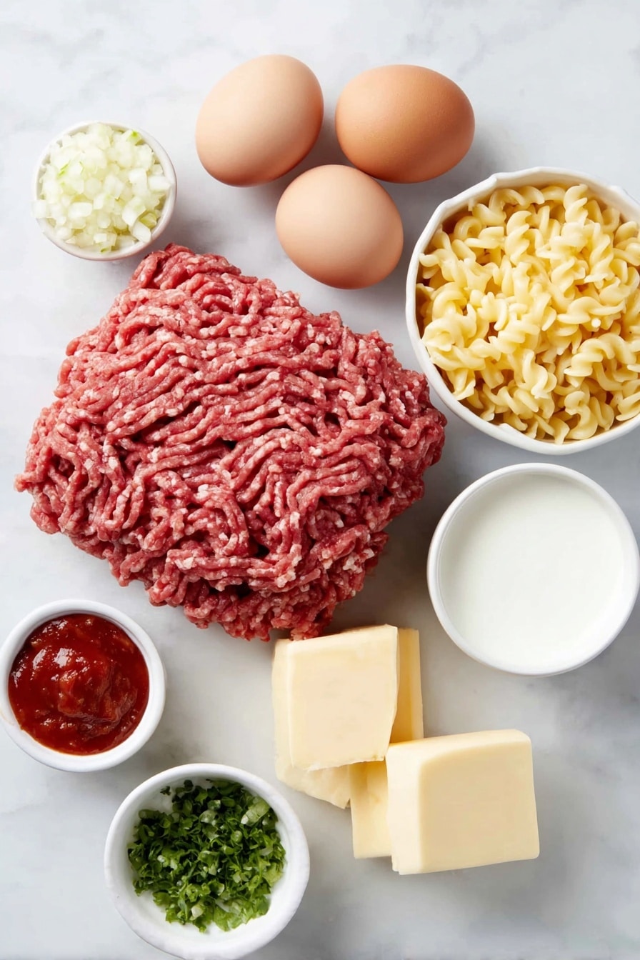 Cheeseburger Casserole Recipe 7 Flat lay of fresh lean ground beef shaped loosely, a chopped yellow onion mound, two whole brown eggs with clean shells, a small white ceramic bowl of minced garlic, a small white ceramic bowl with tomato paste, a small white ceramic bowl of sour cream, a small white ceramic bowl of whole milk, a pile of dried large elbow macaroni, a wedge of fresh mozzarella cheese and a wedge of mild cheddar cheese, two unwrapped beef bouillon cubes, a small white ceramic bowl of diced fresh tomatoes with juices, all arranged symmetrically on a clean white marble surface, soft natural light, photo taken with an iPhone, professional food photography style, fresh ingredients, white ceramic bowls, no bottles, no duplicates, no utensils, no packaging --ar 2:3 --v 7 --p m7354615311229779997 - Cheeseburger Casserole, cheeseburger casserole recipe, easy cheeseburger casserole, comforting dinner ideas, one-pan ground beef casserole