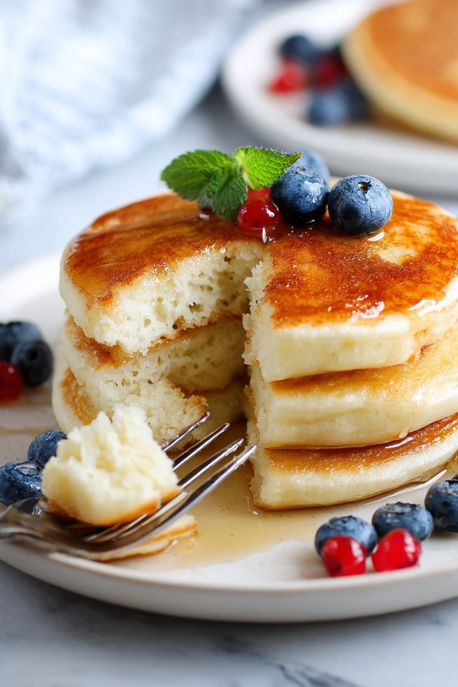 Three thick, golden brown pancakes sit stacked on a white plate with a white marbled surface underneath. The top pancake is partially eaten, showing a soft, spongy, light yellow inside texture with small air holes. Drizzled syrup shines gently on the top pancake. Scattered around the plate are fresh blueberries and small bright red berries, along with a green mint leaf. A woman's hand holds a fork lifting a piece of pancake in the foreground. Photo taken with an iphone --ar 2:3 --v 7 - Fluffy Pancakes, easy pancake recipe, homemade fluffy pancakes, soft pancake recipe, breakfast pancake ideas