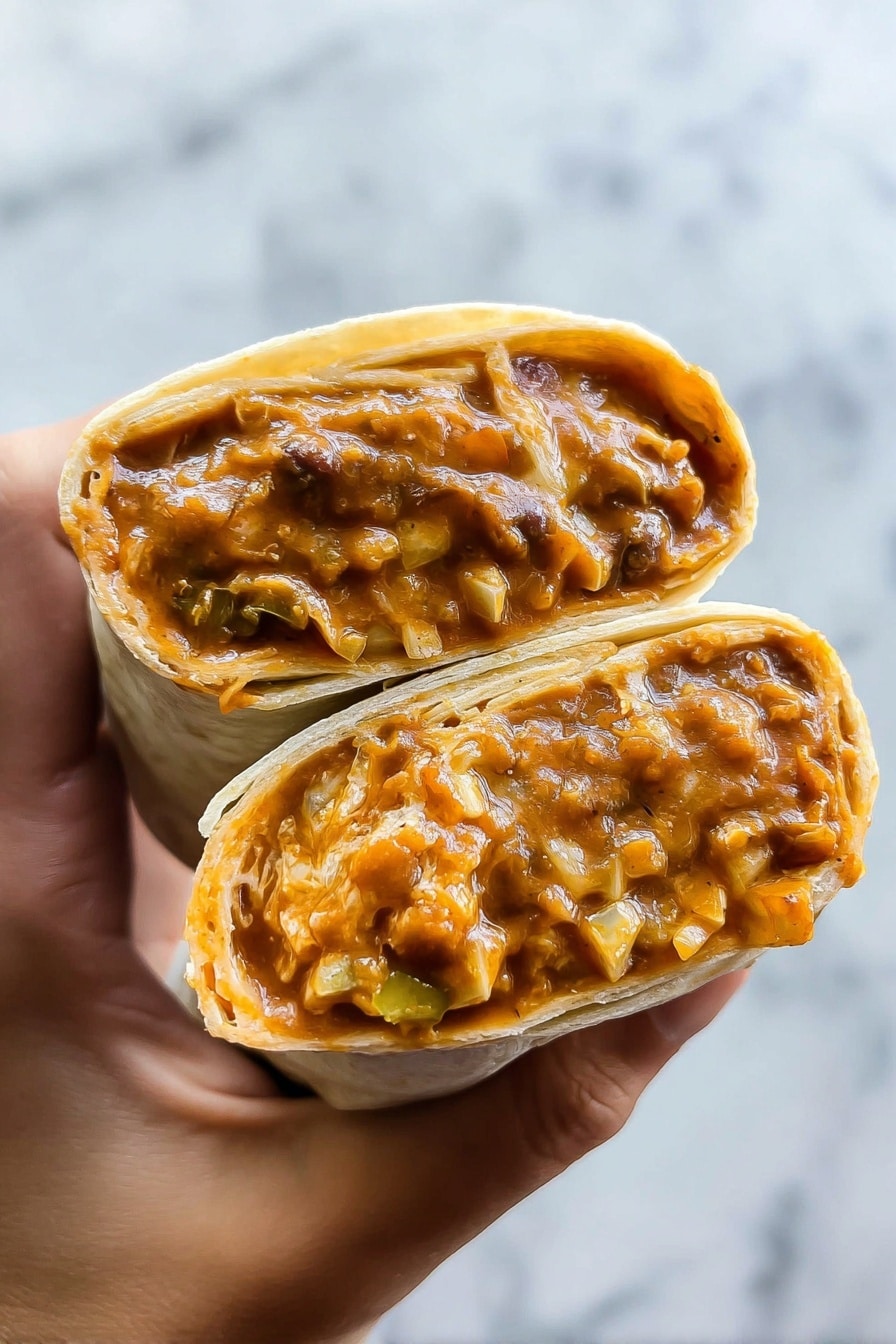 A close-up image shows two halves of a burrito held by a woman's hand. Each half reveals thick, smooth layers of brownish-orange sauce mixed with small chunks of vegetables and melted cheese. The tortilla wrap is light beige and soft, tightly holding the filling inside. The background is a white marbled texture. Photo taken with an iphone --ar 2:3 --v 7 - Baked Bean and Cheese Burritos, easy burritos recipe, quick dinner ideas, vegetarian burritos, budget-friendly Mexican dinner