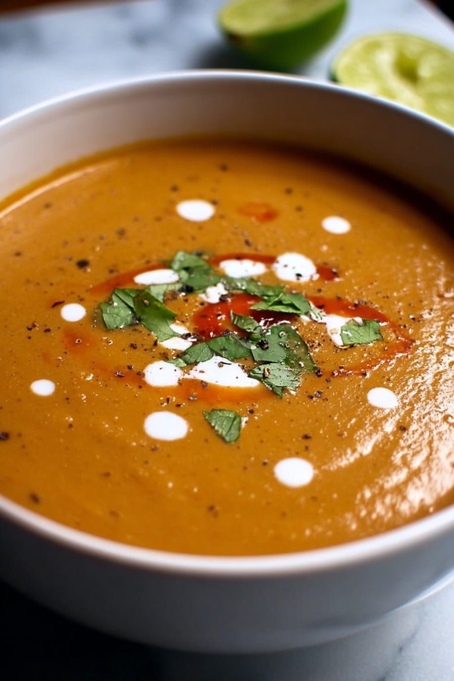 This image shows a bowl of orange-brown soup with a smooth and creamy texture, filling the white bowl almost to the top. In the center of the soup, there are small drops of white cream, bright red sauce, and fresh green cilantro leaves, sprinkled with black pepper. The bowl is placed on a white marbled surface, and a halved lime is seen blurred in the background. The lighting highlights the warm color of the soup and the fresh garnishes on top. photo taken with an iphone --ar 2:3 --v 7 - Spicy Pinto Bean Soup with Roasted Tomatoes, smoky bean soup, spicy vegetarian soup, easy healthy soup recipes, cozy comfort food