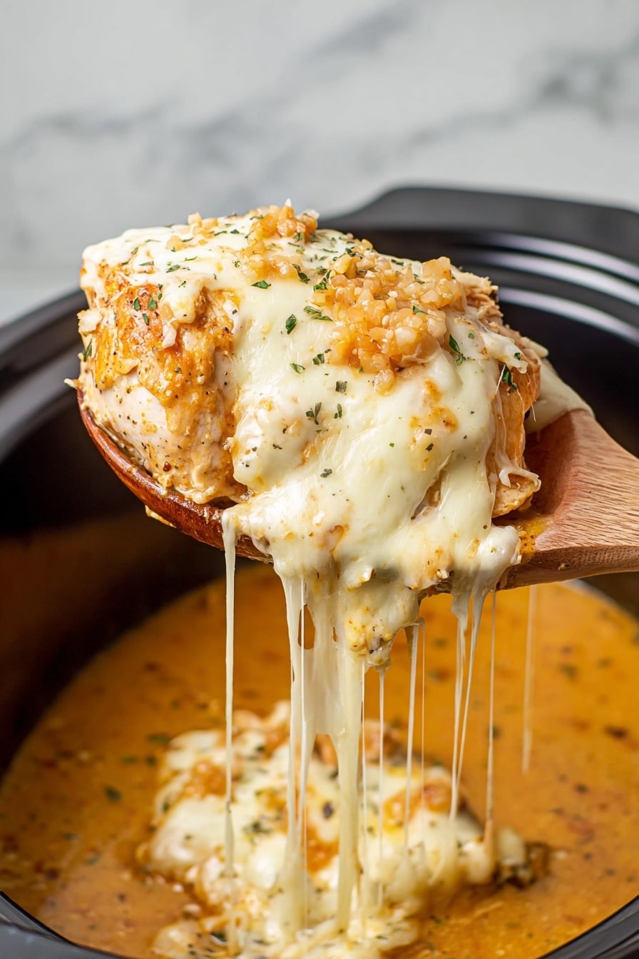 A wooden spoon lifts a piece of cooked chicken topped with two layers of melted cheese. The bottom layer is creamy white melted cheese that stretches down in long strings, while the top layer is an orange cheese sauce with small bits and sprinkled herbs. The chicken piece is light brown and sits over a thick orange sauce in a black slow cooker. The background is a white marbled texture. Photo taken with an iphone --ar 2:3 --v 7 - French Onion Chicken Crock Pot, French Onion Chicken, Slow Cooker French Onion Chicken, Easy French Onion Chicken, Comfort Food Chicken