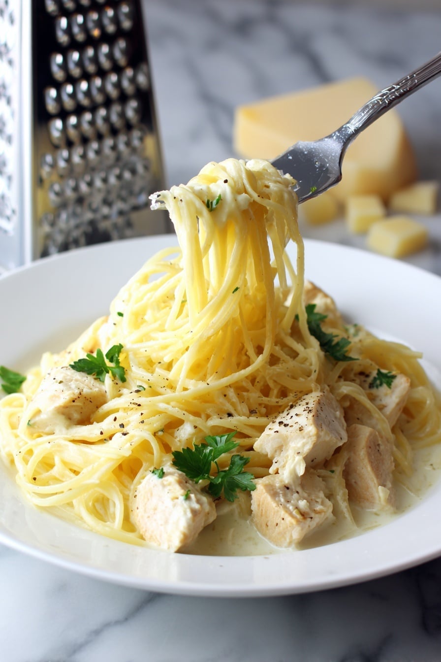 Creamy Crock Pot Angel Chicken Recipe 6 The image shows a white round plate filled with a bed of yellow spaghetti noodles arranged in a circular, slightly loose pattern. On top of the noodles, there are chunks and strips of white chicken covered in a creamy, thick light beige sauce. The sauce has a smooth texture with small black pepper specks and is garnished with scattered green parsley leaves. A silver fork rests on the right side of the plate, partially inserted into the noodles, and the plate is set on a white marbled surface. Photo taken with an iphone --ar 2:3 --v 7 - Creamy Crock Pot Angel Chicken, slow cooker chicken recipes, easy creamy chicken dish, comfort food chicken dinner, effortless crock pot recipes