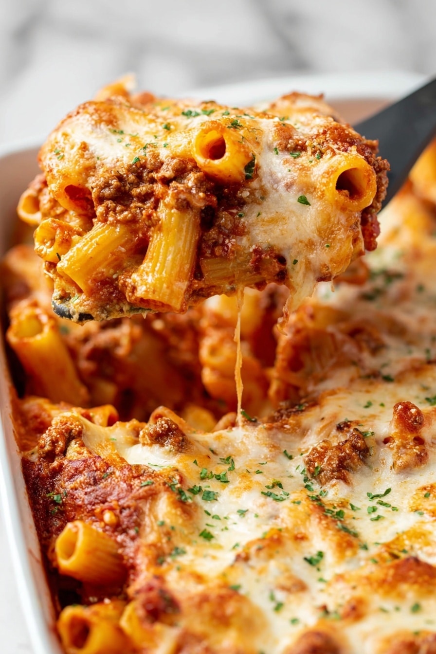 Creamy Baked Ziti with Italian Sausage Recipe 6 A close-up view of a baked pasta casserole being lifted from a white baking dish with a black spatula. The dish has three main layers: the bottom layer is firm pasta tubes in a reddish-orange tomato and meat sauce; the middle layer contains more pasta with a thick, mixed meat and tomato sauce; the top layer is melted golden-brown cheese with some browned spots and sprinkled green herbs. The pasta looks soft and mixed in the sauce, with melted cheese stretching slightly as it is lifted. The background shows more of the same pasta bake in the baking dish, all set against a white marbled surface. Photo taken with an iphone --ar 2:3 --v 7 - Creamy Baked Ziti with Italian Sausage, Italian sausage baked pasta, cheesy baked ziti, comfort Italian pasta dish, hearty baked ziti recipe