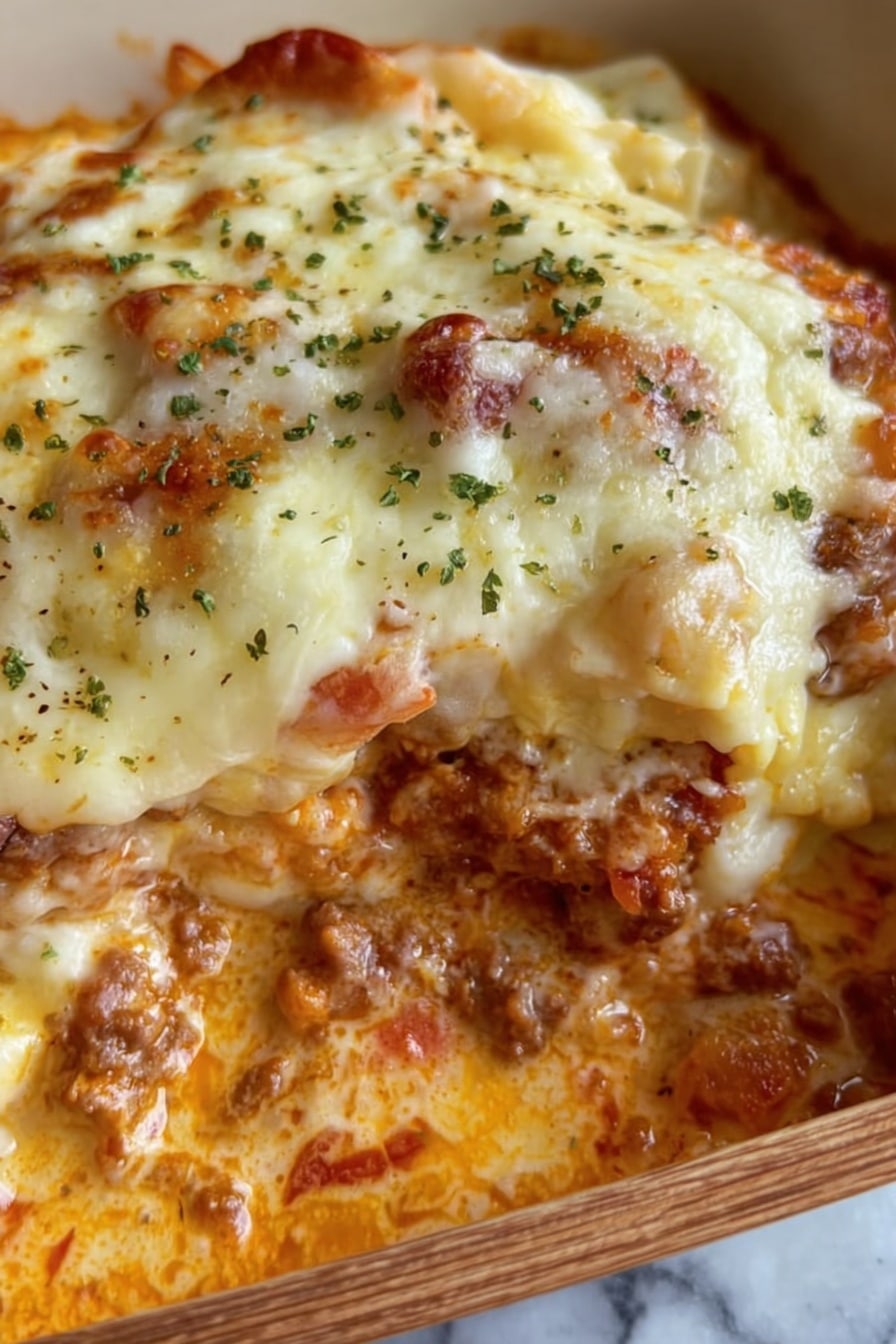 Cheesy Baked Tortellini Casserole with Meat Sauce Recipe 6 The image shows a close-up of a cheesy baked dish with visible layers. The top layer is a golden melted cheese with white and yellow tones, sprinkled with small green herbs. Below the cheese layer is a thick, creamy orange sauce mixed with pieces of browned meat and bits of tomato, creating a textured, chunky layer. The dish sits on a white marbled surface with a wooden board partially visible at the bottom right. Photo taken with an iphone --ar 2:3 --v 7 - Cheesy Baked Tortellini with Meat Sauce, baked tortellini casserole, cheesy tortellini recipe, meat sauce pasta bake, hearty comfort food