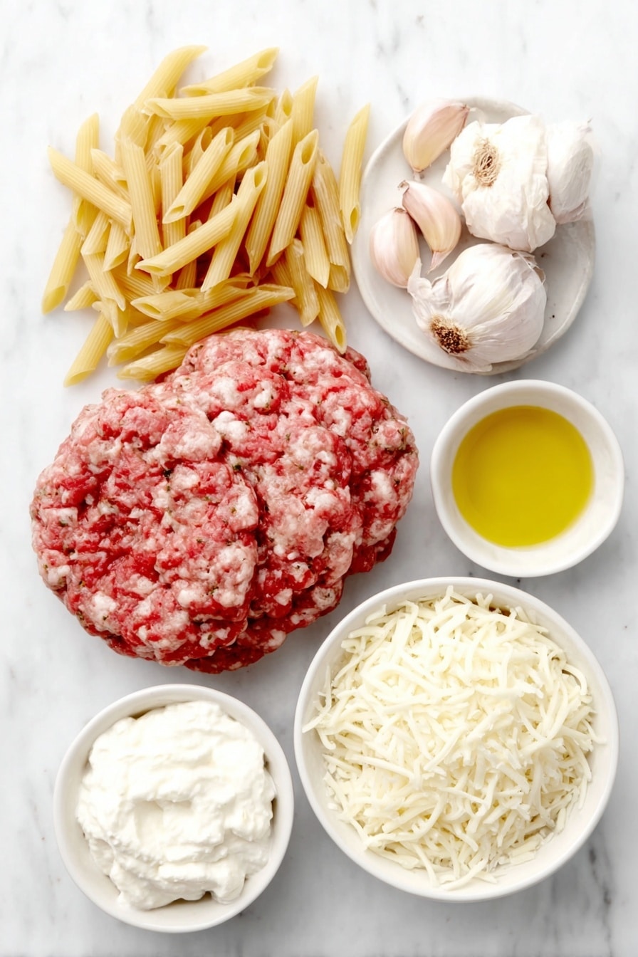 Cheesy Baked Ziti Recipe 7 Flat lay of a small pile of uncooked ziti rigati pasta, a medium diced yellow onion, three whole uncracked garlic cloves, a mound of raw bulk Italian sausage, two small white bowls containing vibrant red marinara sauce and golden olive oil, a small white bowl filled with smooth whole milk ricotta cheese, a small white bowl of grated parmesan cheese, and a small white bowl of shredded mozzarella cheese all arranged symmetrically on a clean white marble surface, soft natural light, photo taken with an iPhone, professional food photography style, fresh ingredients, white ceramic bowls, no bottles, no duplicates, no utensils, no packaging --ar 2:3 --v 7 --p m7354615311229779997 - Cheesy Baked Ziti, baked ziti recipe, cheesy pasta bake, hearty baked pasta, comfort food recipes