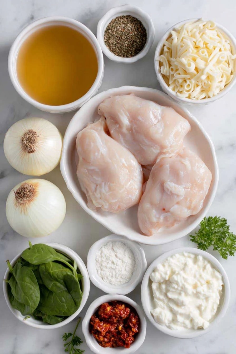 Slow Cooker White Lasagna Soup Recipe 7 Flat lay of a whole white onion peeled, four whole uncracked brown garlic cloves, a small white ceramic bowl of mixed Italian seasoning herbs, a small white bowl of coarse salt, a small white bowl of whole black peppercorns, a small white bowl with crushed red pepper flakes, a white ceramic bowl filled with clear golden chicken stock, two raw skinless boneless chicken breasts, a small white bowl of chopped sundried tomatoes, a small white bowl of fresh heavy cream, a small white bowl of white cornstarch powder, a small pile of fresh spinach leaves, a small white ceramic plate with broken uncooked lasagna noodles pieces, a small white bowl of shredded Parmesan cheese, and a few fresh curly parsley sprigs placed on a clean white marble surface, soft natural light, photo taken with an iPhone, professional food photography style, fresh ingredients, white ceramic bowls, no bottles, no duplicates, no utensils, no packaging --ar 2:3 --v 7 --p m7354615311229779997 - Slow Cooker White Lasagna Soup, White Lasagna Soup, Easy White Lasagna Soup, Creamy Lasagna Soup Recipe, Comforting Soup Recipes