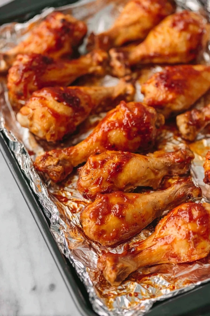 Crockpot BBQ Chicken Drumsticks Recipe 8 A tray covered with shiny silver foil holds several cooked chicken drumsticks arranged in one close row. Each drumstick has a golden-brown, slightly crispy texture with a shiny reddish glaze sauce on top, giving a sticky look. The foil reflects some of the light, showing grease spots around the chicken. The background is a white marbled surface. photo taken with an iphone --ar 2:3 --v 7 - Crockpot BBQ Chicken Drumsticks, easy slow cooker chicken recipes, flavorful BBQ chicken, tender crockpot chicken, smoky chicken drumsticks