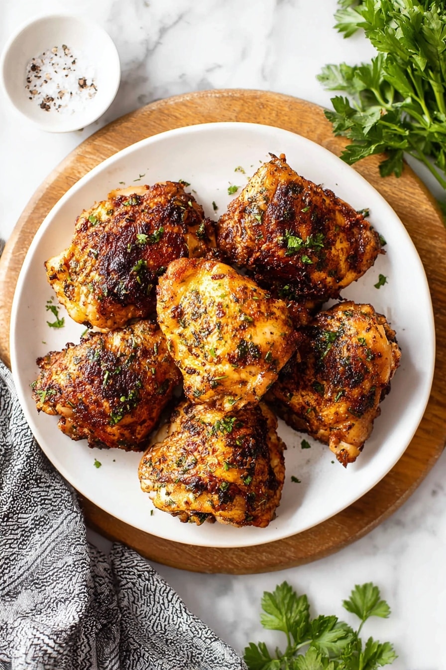 A white plate filled with seven pieces of golden brown chicken thighs, each piece showing a crispy, slightly charred texture with herbs sprinkled all over. The chicken is stacked in a small pile, revealing rough, uneven surfaces and bits of green parsley on top. The plate sits on a round wooden board which rests on a white marbled surface. To the left, a folded gray cloth with a black pattern is partially visible, and to the right, fresh green parsley leaves are scattered on the marbled surface. A small white plate with a small amount of coarse salt and pepper sits near the top left corner. Photo taken with an iphone --ar 2:3 --v 7 - Oven Baked Chicken Thighs, crispy skin chicken, baked chicken thighs recipe, flavorful chicken thighs, easy oven baked chicken