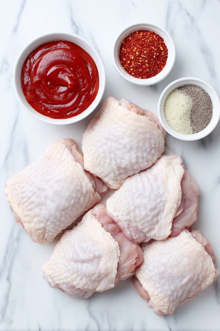 Air Fryer BBQ Chicken Thighs Recipe 7 Flat lay of six raw bone-in chicken thighs with skin, a small white bowl of red barbecue sauce, a small white bowl containing a mix of red chili powder, garlic powder, onion powder, black pepper, and salt, all arranged with perfect symmetry on a clean white marble surface, soft natural light, photo taken with an iPhone, professional food photography style, fresh ingredients, white ceramic bowls, no bottles, no duplicates, no utensils, no packaging --ar 2:3 --v 7 --p m7354615311229779997 - Air Fryer BBQ Chicken Thighs, crispy chicken recipe, easy dinner ideas, quick chicken recipes, smoky barbecue chicken